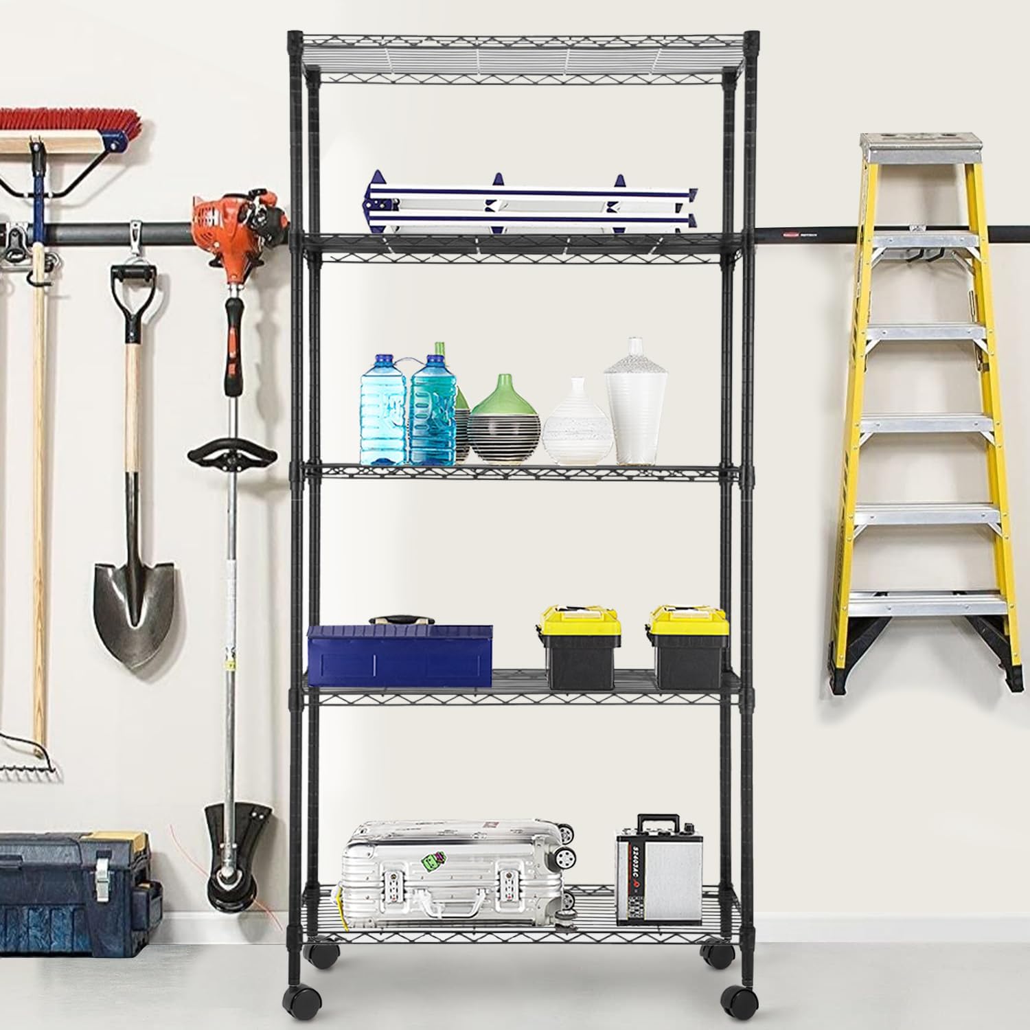 PayLessHere | 6-Tier Wire Shelf with Wheels | 45"x18"x82" | Black