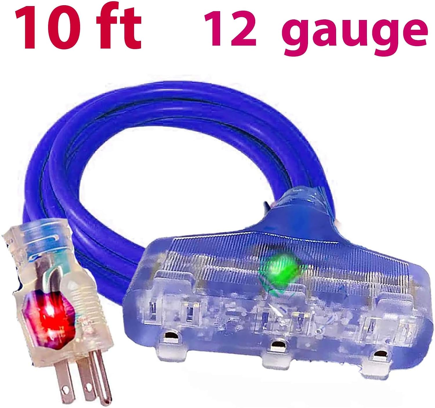12/3 10 ft Extension Cord 3 Prong Grounded Plug 12 Gauge Extension Cord 10 ft Lighted Indoor Outdoor SJTW Heavy Duty 12 Gauge 10 feet Extension