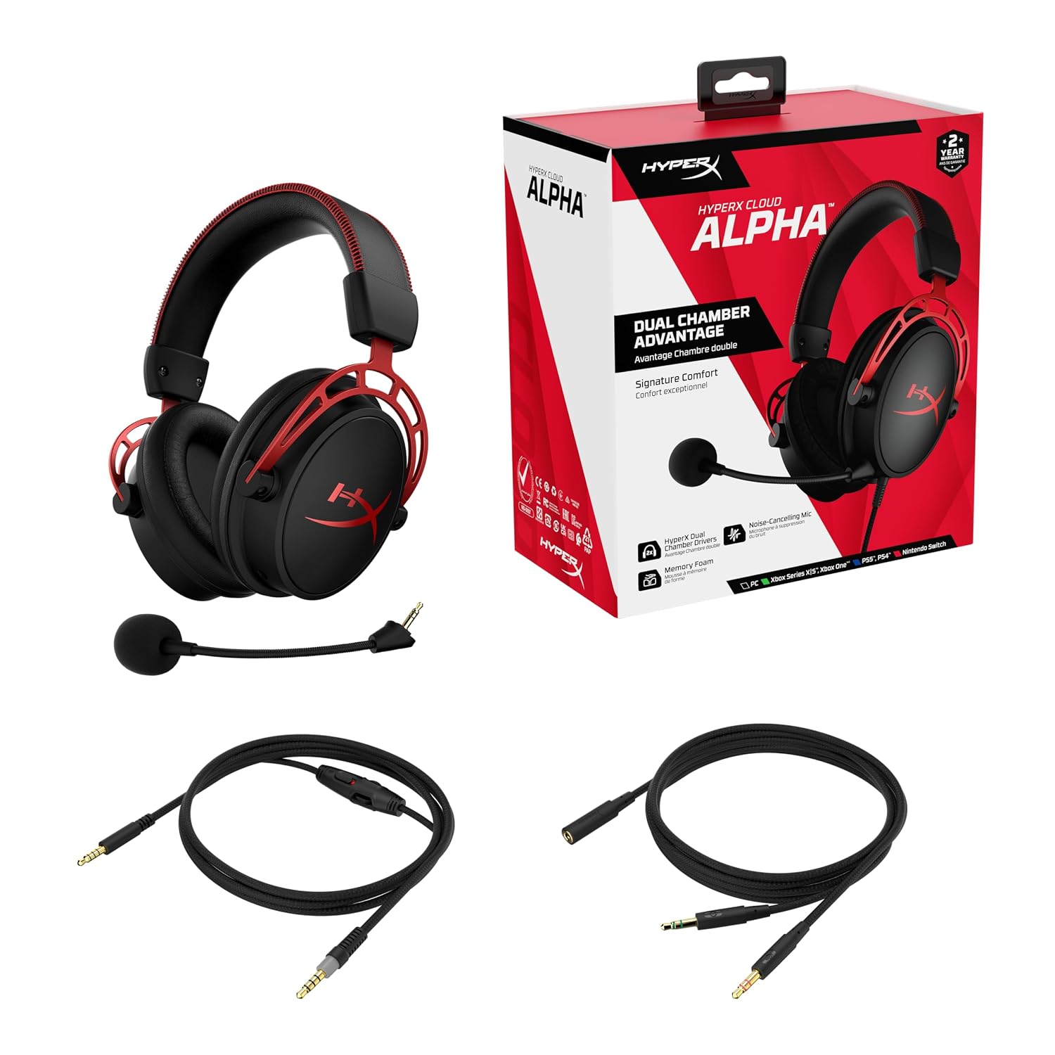 HyperX Cloud Alpha - Gaming Headset, Dual Chamber Drivers, Legendary Comfort, Aluminum Frame, Detachable Microphone, Works on PC, PS4, PS5, Xbox One, Xbox Series X|S, Nintendo Switch and Mobile – Red | Dual Chamber Drivers, Legendary Comfort, Aluminum Fr…