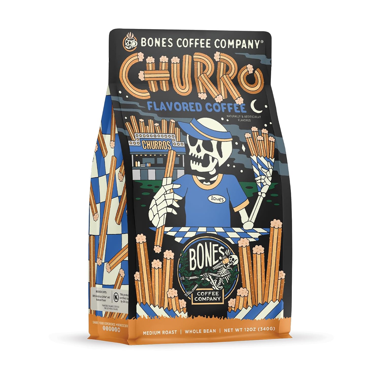 Bones Coffee Company Highland Grog, Butterscotch Caramel Flavored Coffee, Medium Roast Low Acid Arabica Beans Compatible with Auto drip and French Press Coffee Maker, 12 Oz Whole Bean
