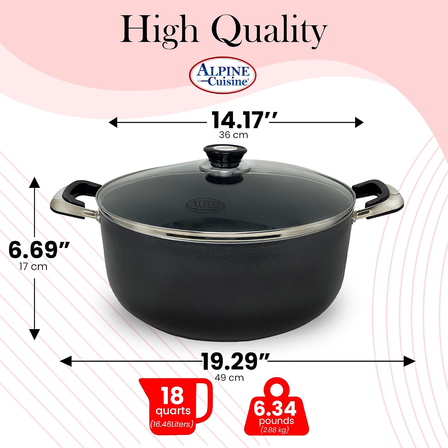 Alpine Cuisine 4 Quart Non-stick Stock Pot with Tempered Glass Lid and Carrying Handles, Multi-Purpose Cookware Aluminum Dutch Oven for Braising, Boiling, Stewing