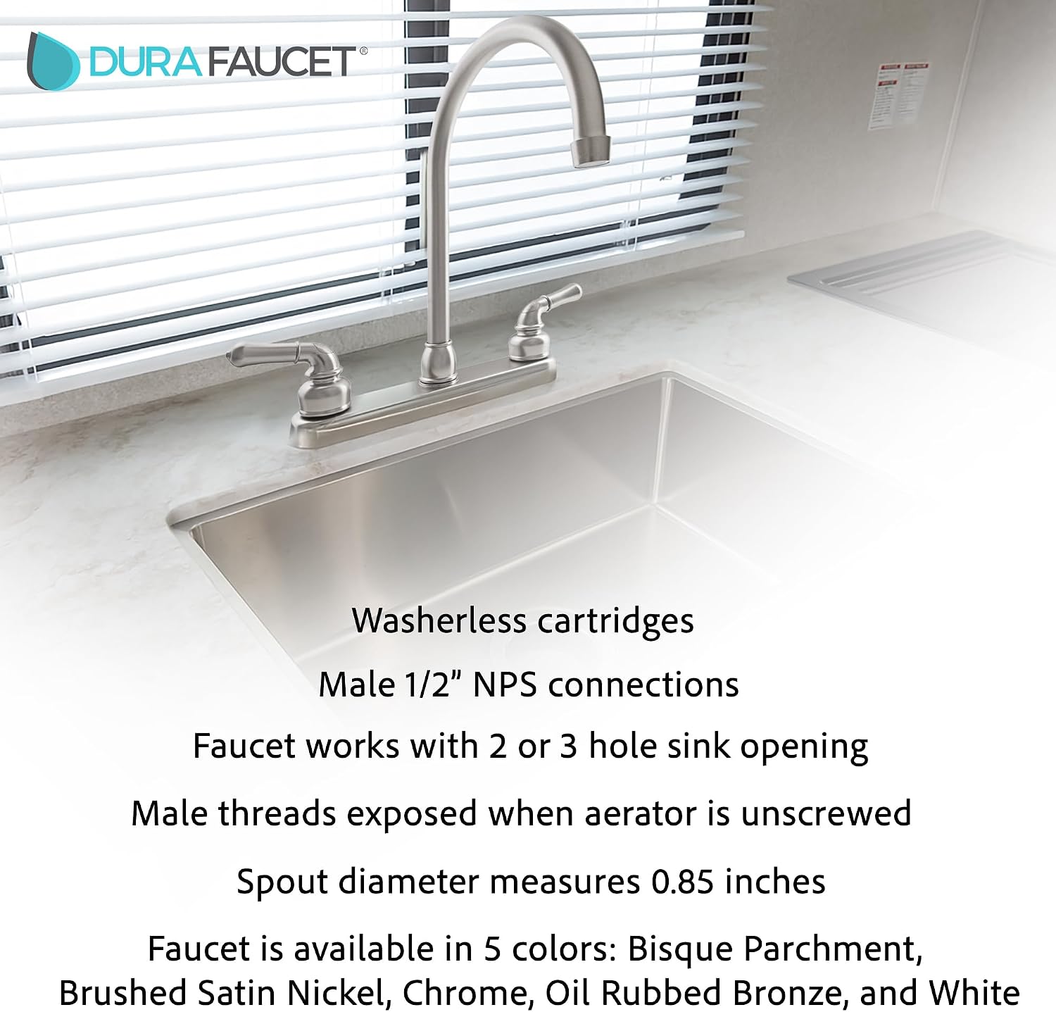Dura Faucet DF-PK330HC-SN RV J-Spout Kitchen Sink Faucet (Satin Nickel) | Tall spout clears big pots; dual levers fine-tune water flow. Brushed Satin Nickel.