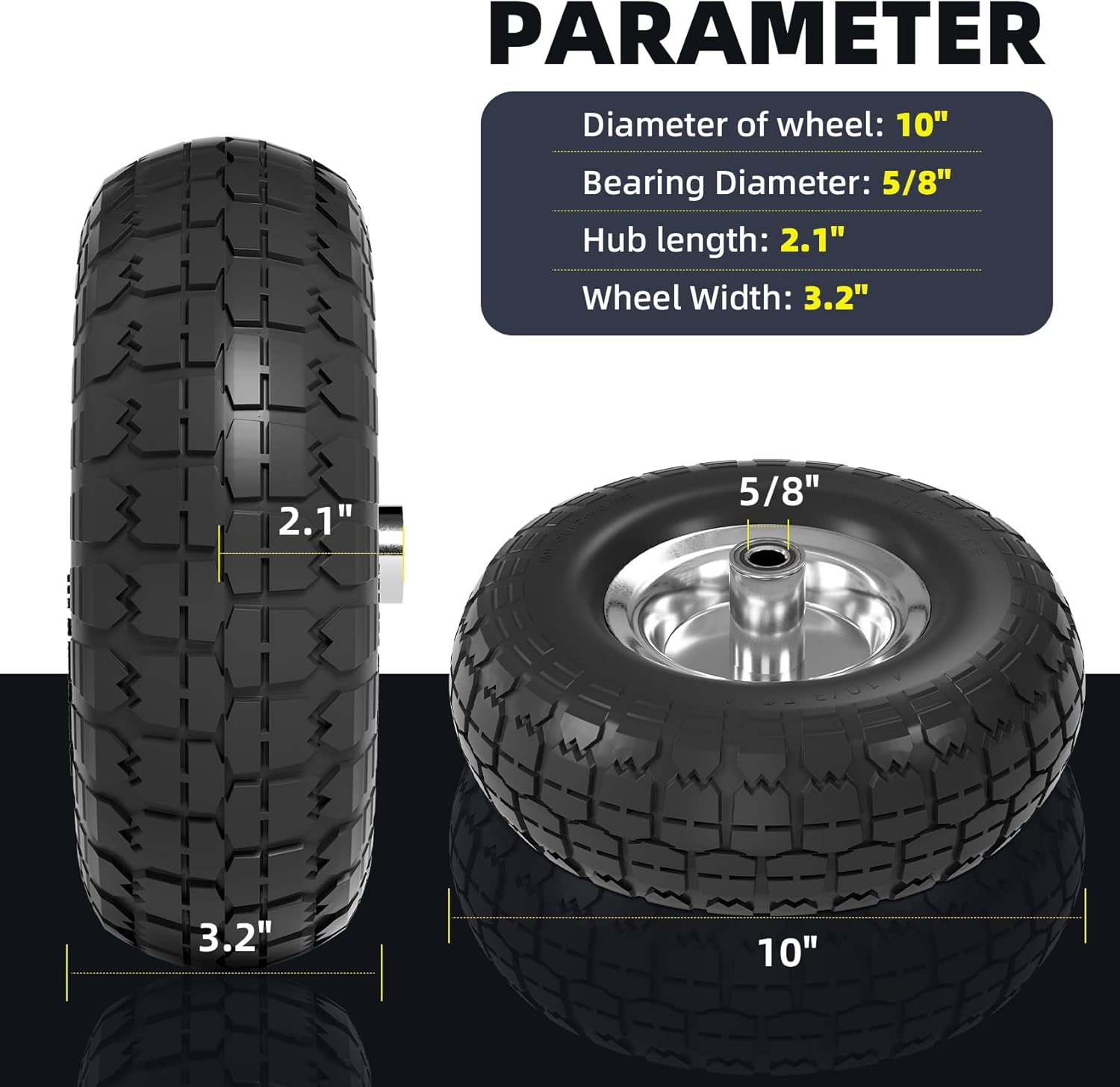 【UPGRADED】4.10/3.50-4 Tire and Wheel Flat Free, 10 Inch Solid Rubber Tire with 5/8”Axle Bore Hole and Double Sealed Bearings