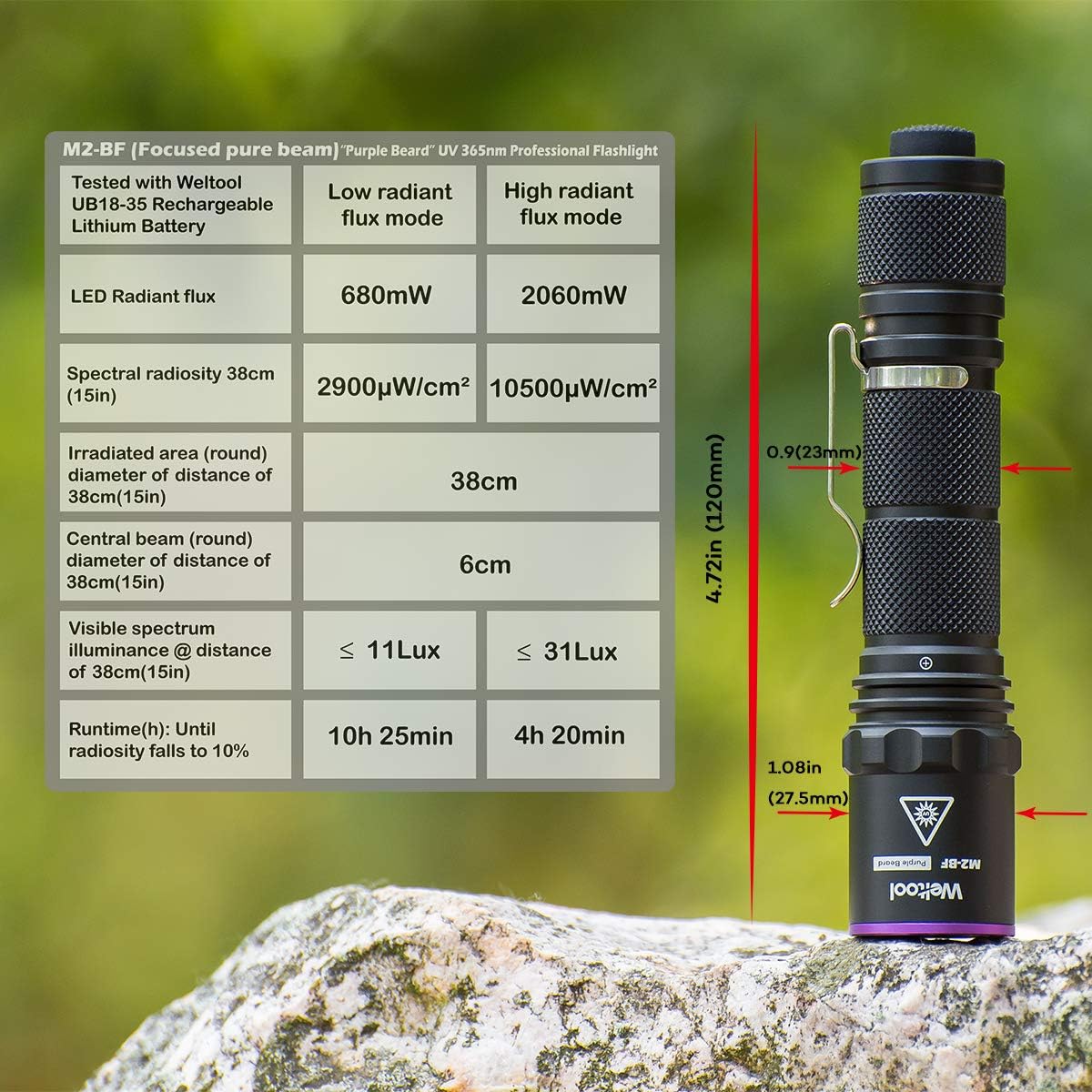 Weltool M2-BF UV Flashlight, Black Light, 365nm UV-A, 1800mW, Stainless Steel, Battery Powered, Portable, 13.5cm