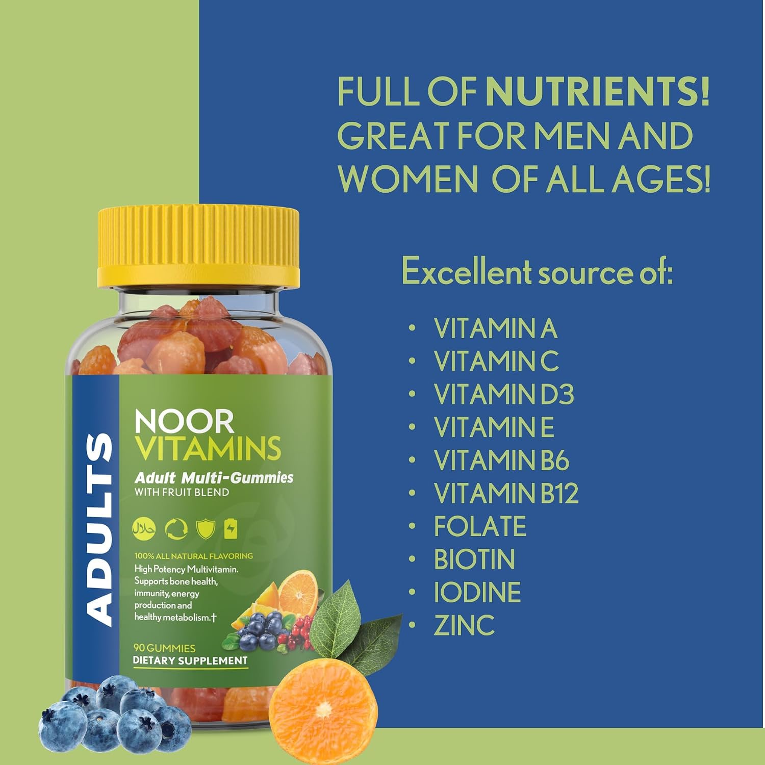 Noor Vitamins Halal Adult Multivitamin Gummy with Organic Fruit Blend for Men and Women; Non-GMO, Gluten Free, Gelatin Free Halal Vitamins - 90 Count