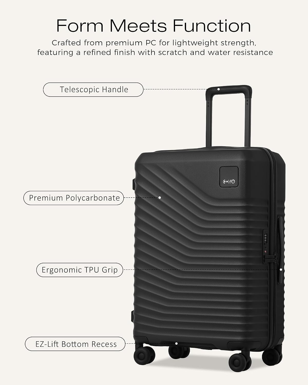 Coolife Luggage Carry-On, Lightweight PC Hardside Suitcase, 20-Inch, Black | Expandable Carry-On, Dual Spinner Wheels, TSA-Approved Lock, Upgraded PC Hardshell, Durable Travel Suitcase