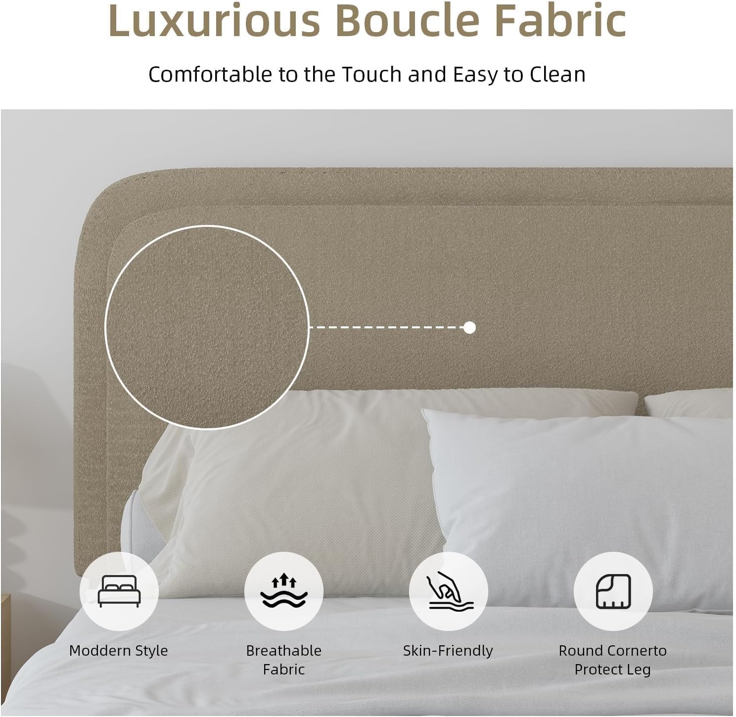 BarnFurin Full Bed Frame, Cloud Boucle Headboard, Rounded Corners, White | Soft boucle and rounded edges create a low-profile cloud look. Wooden slats support the mattress without a box spring