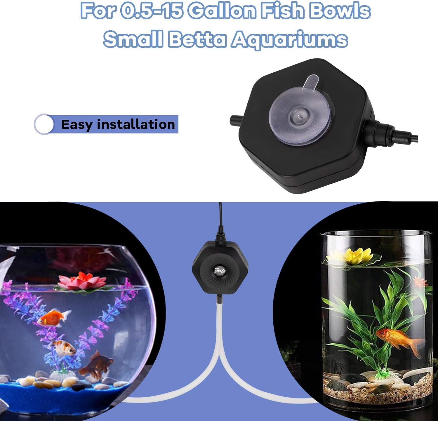 hygger Quiet Mini Small Aquarium Air Pump Betta Fish Tank Bubbler Oxygen Aeration Pump with Air Stone Tubing Suction Cup for 0.5-15 Gal Fish Bowl