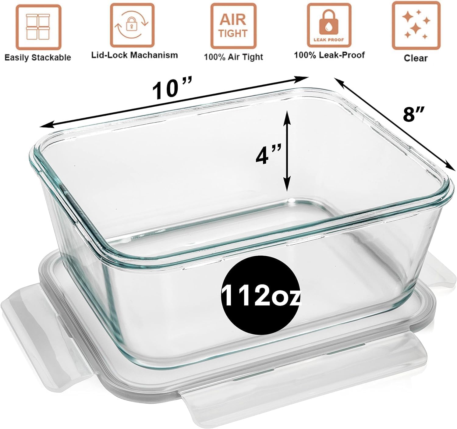 Razab 3300 ml / 112 oz Large Glass Food Storage Containers with Lids, Airtight, Leakproof, BPA Free - Ideal for Meal Prep, Store Leftover & Lunch, Baking Casserole - Freezer, Microwave & Oven Safe