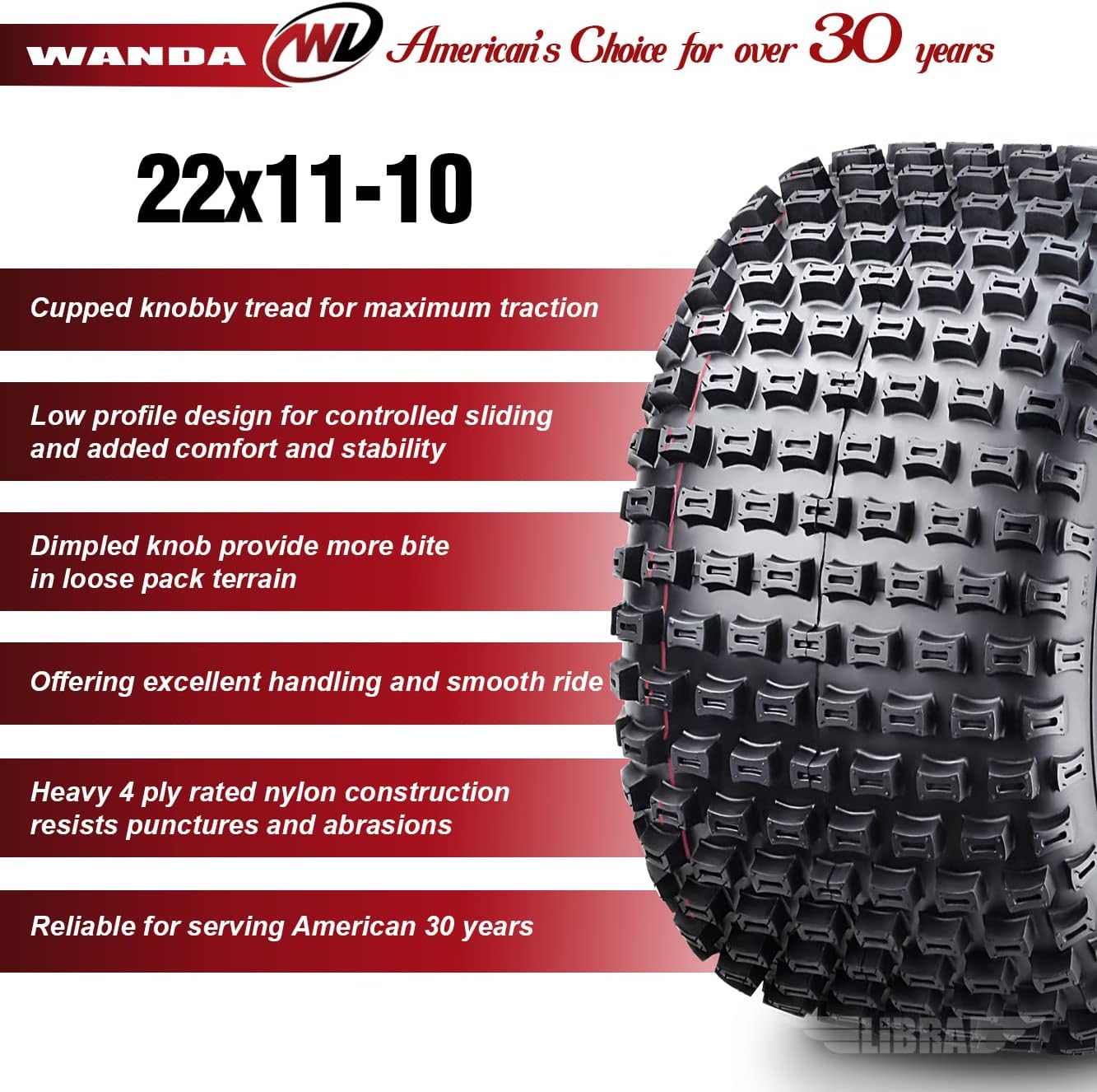 WANDA Set of 4 New ATV Tires 22X11-10 4PR P322 Dimple Knobby - 10030