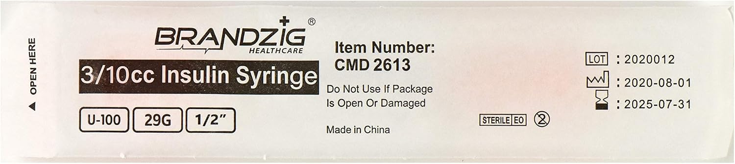 Brandzig U-100 Pet Insulin Syringes 29G 3/10cc, 1/2" 100-Pack