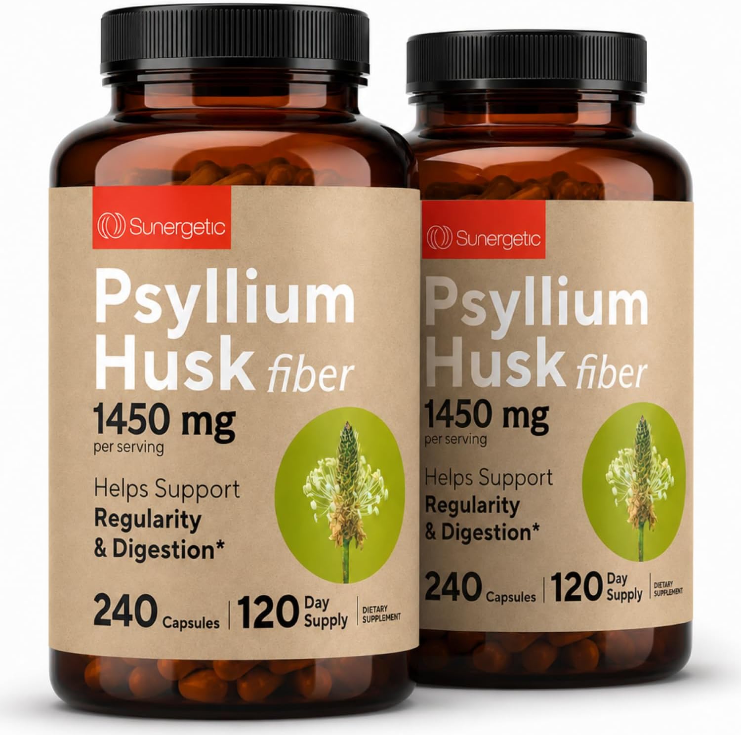 Premium Psyllium Husk Fiber Supplement 1450mg, 240 Capsules | 1,450 mg per 2-capsule serving; supports regularity & digestive health, with 120 servings and no powder mixing