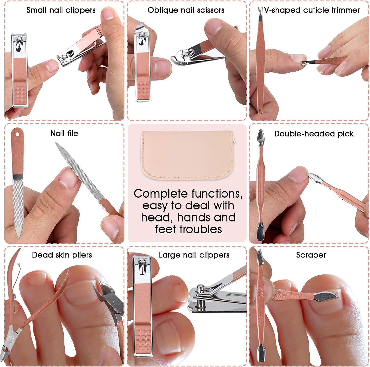 Nail Clippers & Beauty Tool Portable Set, Rose Gold Manicure Set, 12 in 1.