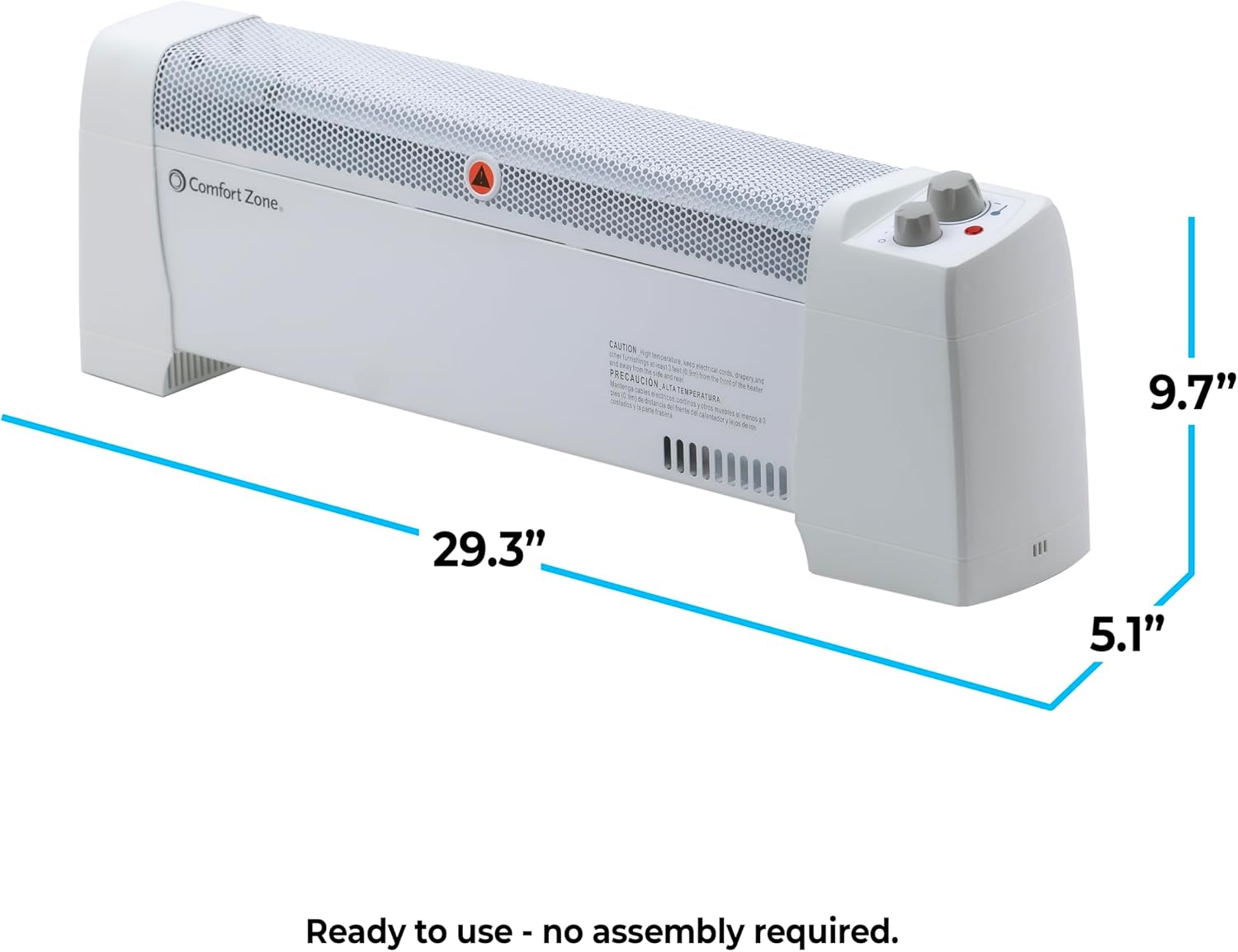 Comfort Zone Electric Baseboard Space Heater with Adjustable Thermostat, Dent-Proof End Panels, Overheat Protection, Tip-Over Switch, & Stay-Cool Body, Ideal for Home, Bedroom, & Office, 1,500W, CZ600