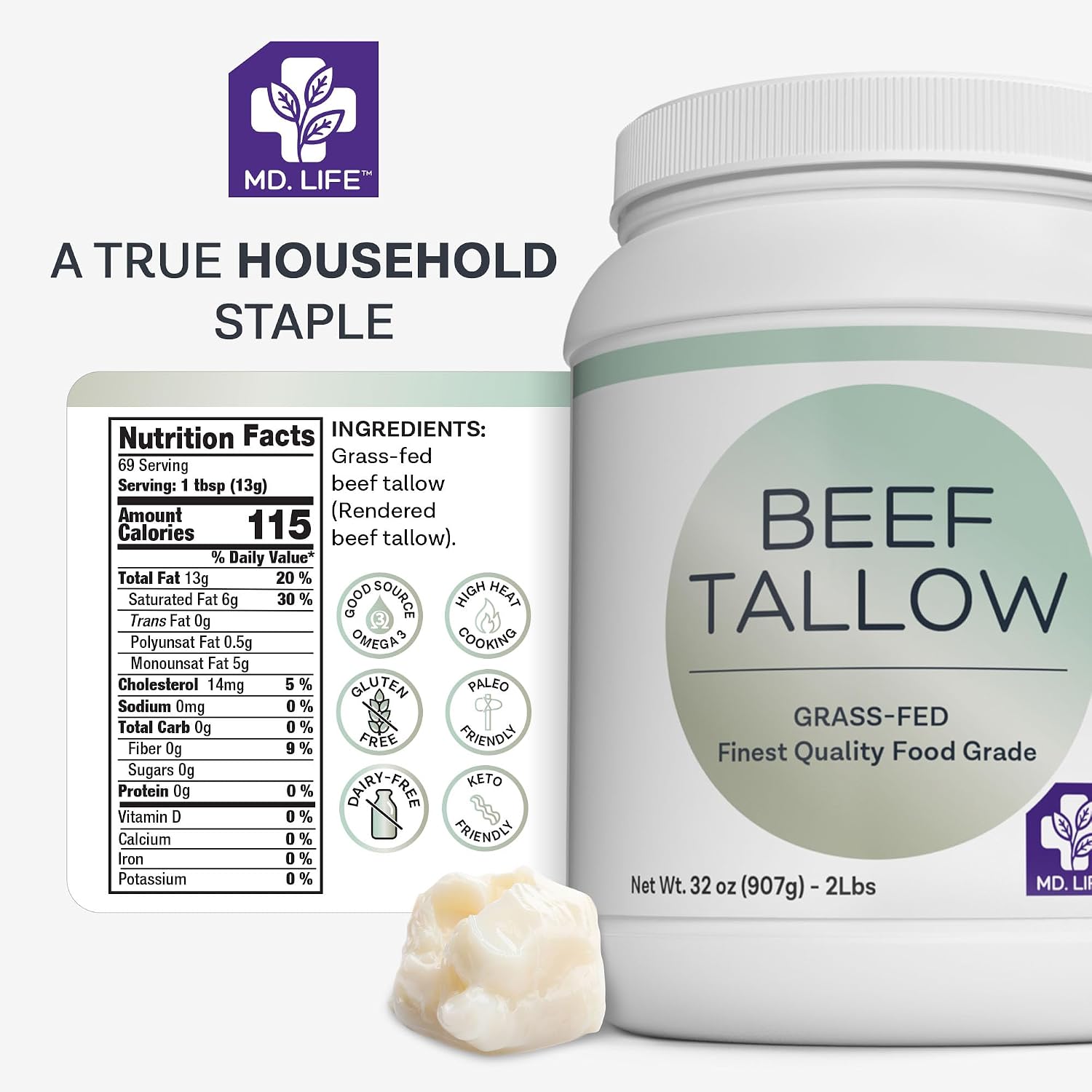 MD. Life Beef Tallow for Cooking - Food Grade Grass Fed Beef Tallow for Cooking Oil Replacement - 28 Ounce - Pasture Raised Keto Friendly Beef Tallow- Used to Make Candles & Soap
