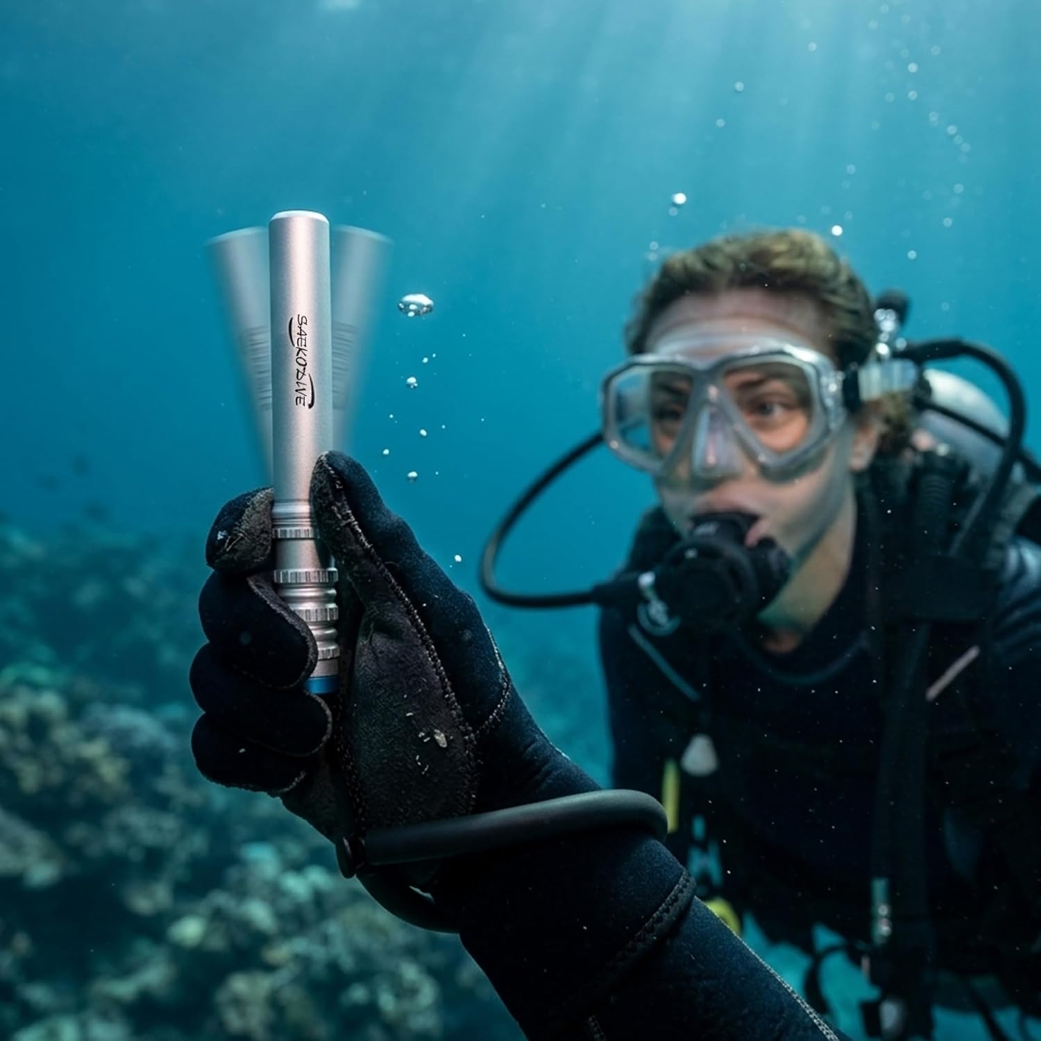 Scuba Dive Rattle with Magnet - 6.7" Aluminum (Silver) | Diving Noise Maker, Underwater Shaker, Magnetic Mute, PVC Wrist Band & Lanyard