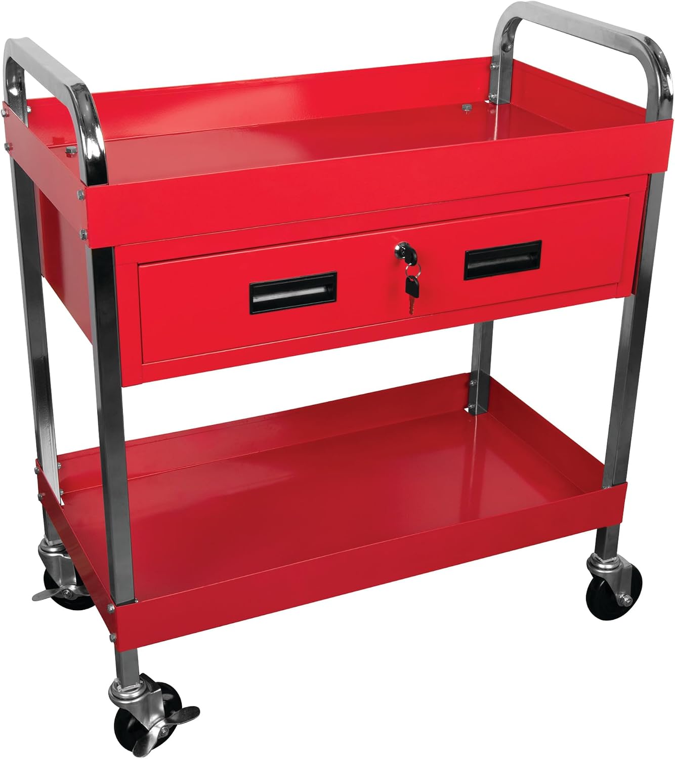 Performance Tool W54004 Two-Shelf Utility Cart with Locking Drawer | Red rolling tiered storage cart with wheels. 350 lb load capacity. Swivel casters. 28x16 inch deep shelves