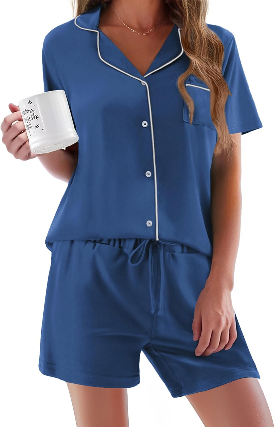 Ekouaer Pajamas Set for Women Short Sleeve Sleepwear Button Down Pj XS-XXXL | Summer 2 Piece Lounge Set, Soft Fabric, Drawstring Waistband, for Bridesmaid Bride Party, Plus Size, Petite, Cute Pattern