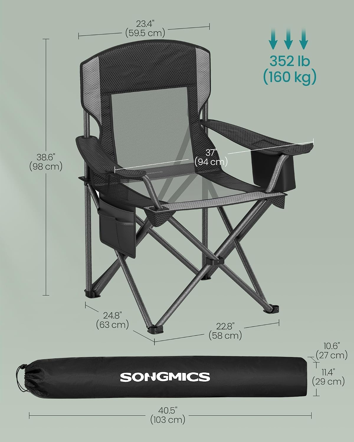 SONGMICS Camping Chair, Folding Oversized Chair, Comfortable and Heavy-Duty, 352 lb Weight Capacity, Adjustable Armrests with Cooler Bag, Storage Bag, Breathable Mesh, Bijou Blue UGCB060Q01