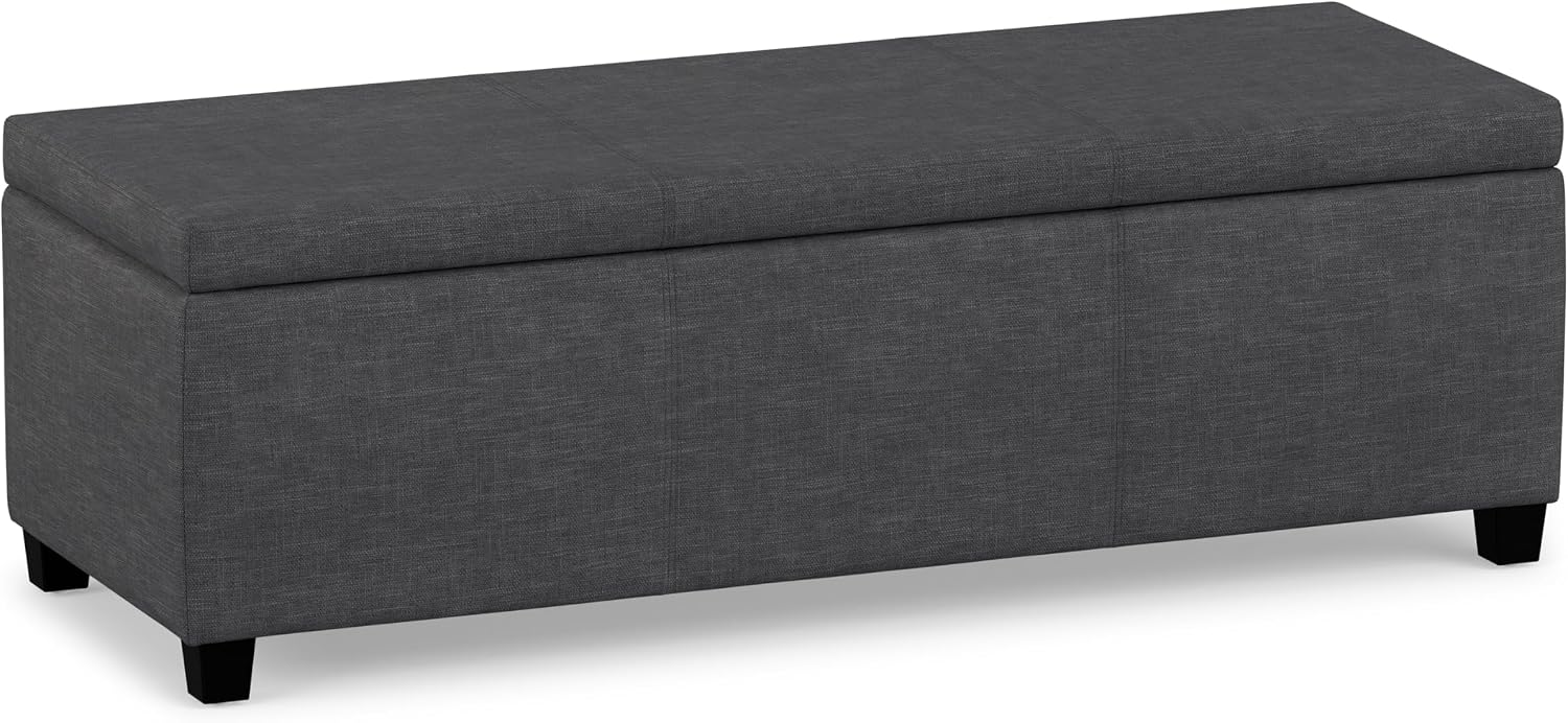 SIMPLIHOME Avalon 48" Wide Vegan Leather Storage Ottoman in Brown