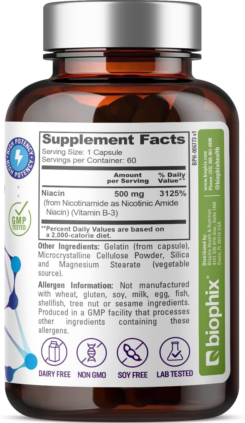 biophix B-3 Nicotinamide 500 mg 180 Caps - Nicotinic Amide Niacin Natural Flush-Free Vitamin Formula - Supports Skin Cell Health