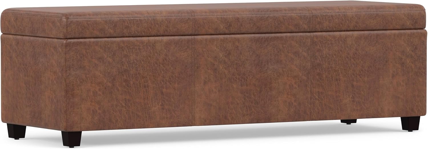 SIMPLIHOME Avalon 54" Wide Vegan Leather Storage Ottoman in Tanners Brown