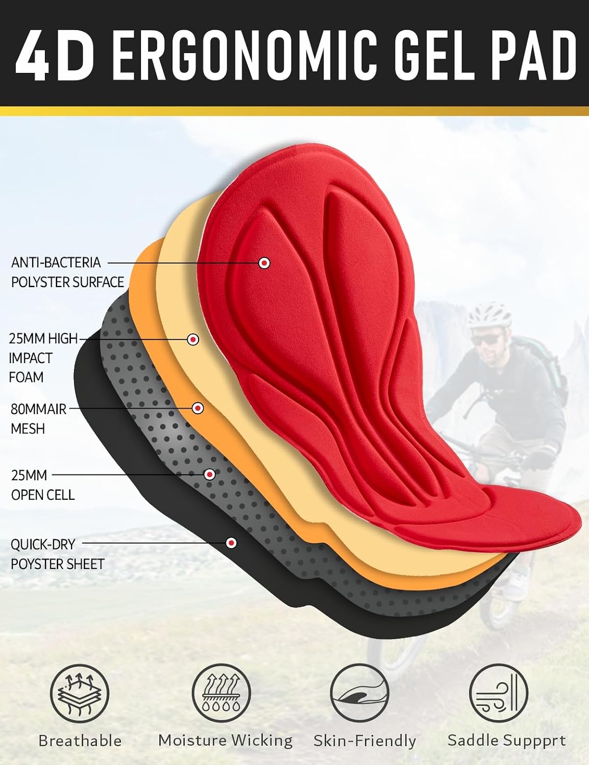 Przewalski Men's Cycling Bib Pants 4D Padded Bike Thermal Bib Tights Black