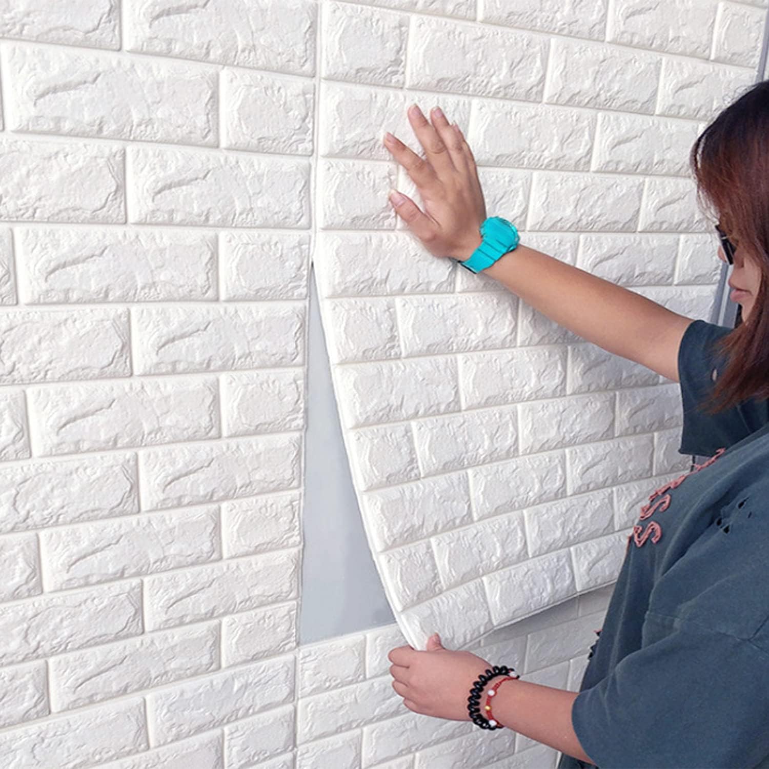 MYOYAY 10 Pcs 3D Wall Panels Peel and Stick 27.5 x 30.3 Inch (in Sum 57 sq.ft.) White Brick Wallpaper Self-Adhesive Foam Wall Panels for Living Room