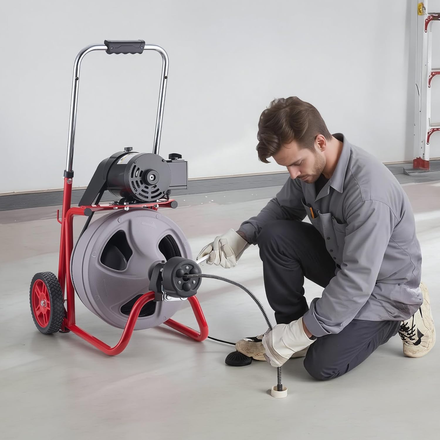 VEVOR Drain Cleaner Machine 100 FT x 1/2 Inch, Auto Feed Sewer Snake Drain Auger on Wheels, Portable Drain Cleaning Machine with 8 Cutters & Air-Activated Foot Switch for 2" to 6" Pipes
