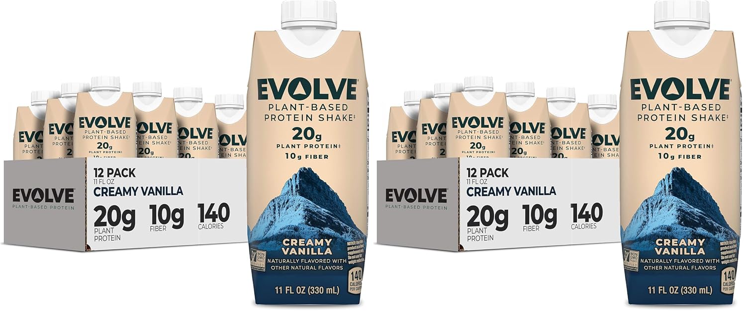 Evolve Plant Based Protein Shake, Café Mocha, 20g Vegan Protein, Dairy Free, No Artificial Sweeteners, Non-GMO, 10g Fiber, 11oz, (12 Pack) (Formula May Vary)