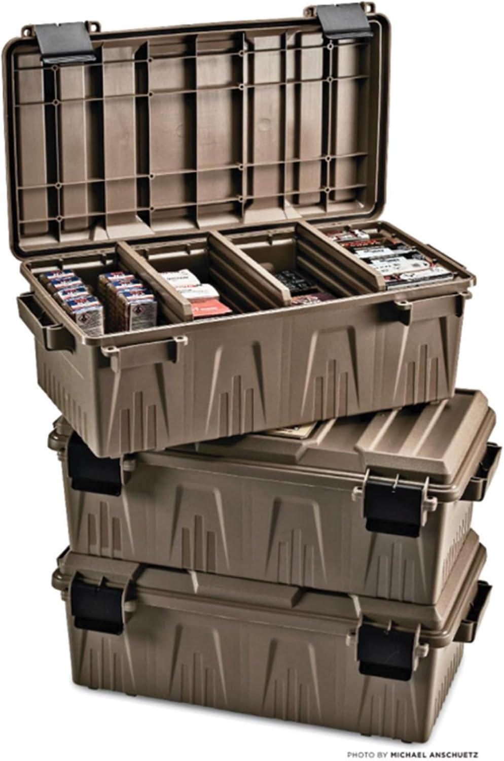 MTM ACDC30 Divided Ammo Crate Utility Box, Outdoor Gear & Tool Storage, Water- Resistant, Stackable, Snap Latch, 21"x11.2"x7.5", USA Made, Dark Earth
