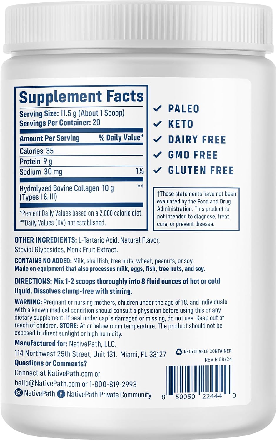 NativePath Collagen Peptides, Wild Berry, Grass-Fed, 20 Servings