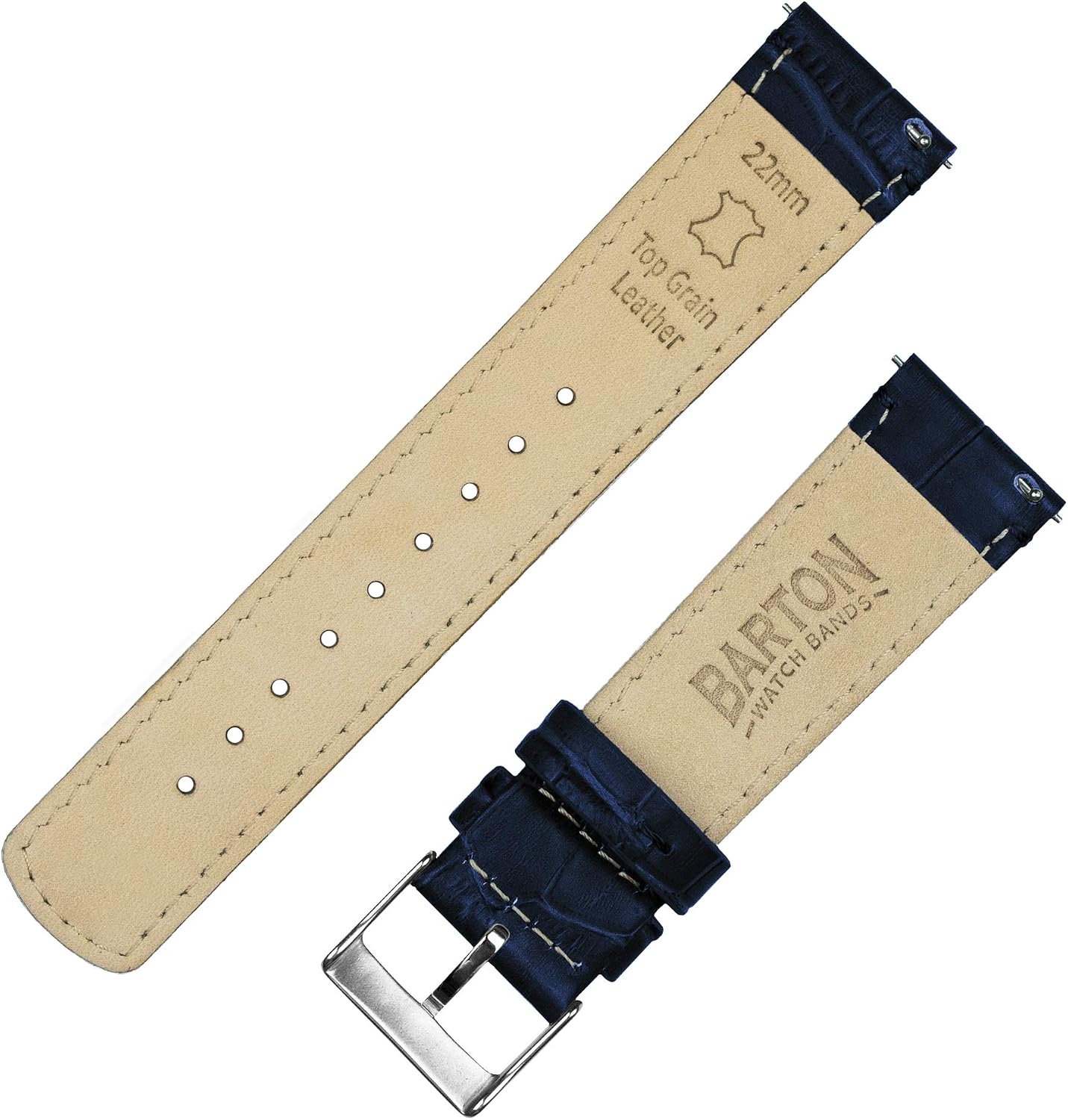 BARTON WATCH BANDS, 20mm Navy Blue - Long - Alligator Grain - Quick Release Leather Watch Bands