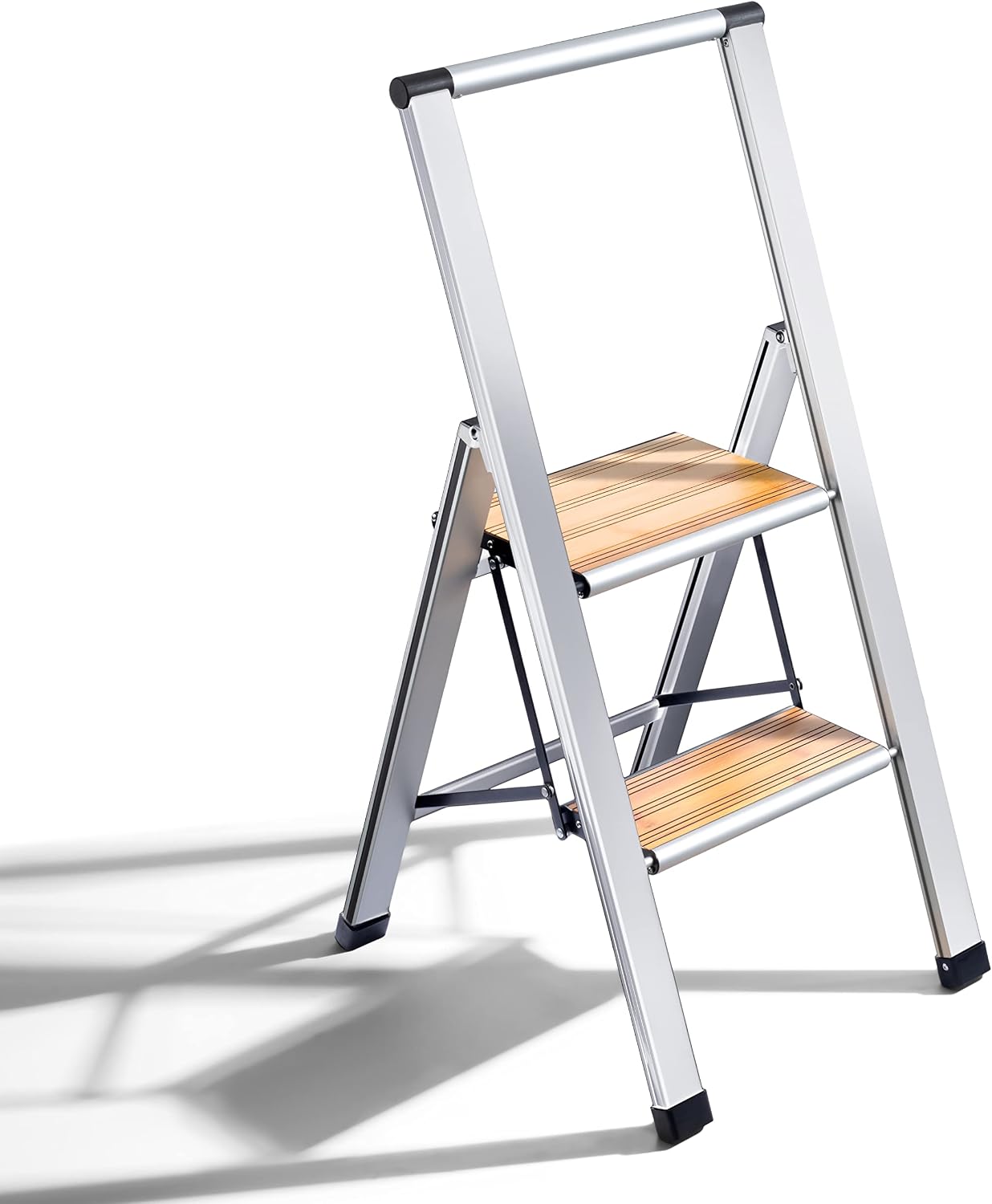 Step Ladder 2 Step Folding, Decorative - Beautiful Bamboo & Silver Aluminum, Ultra Slim Profile, Anti Slip Steps, Sturdy-Portable for Home, Office