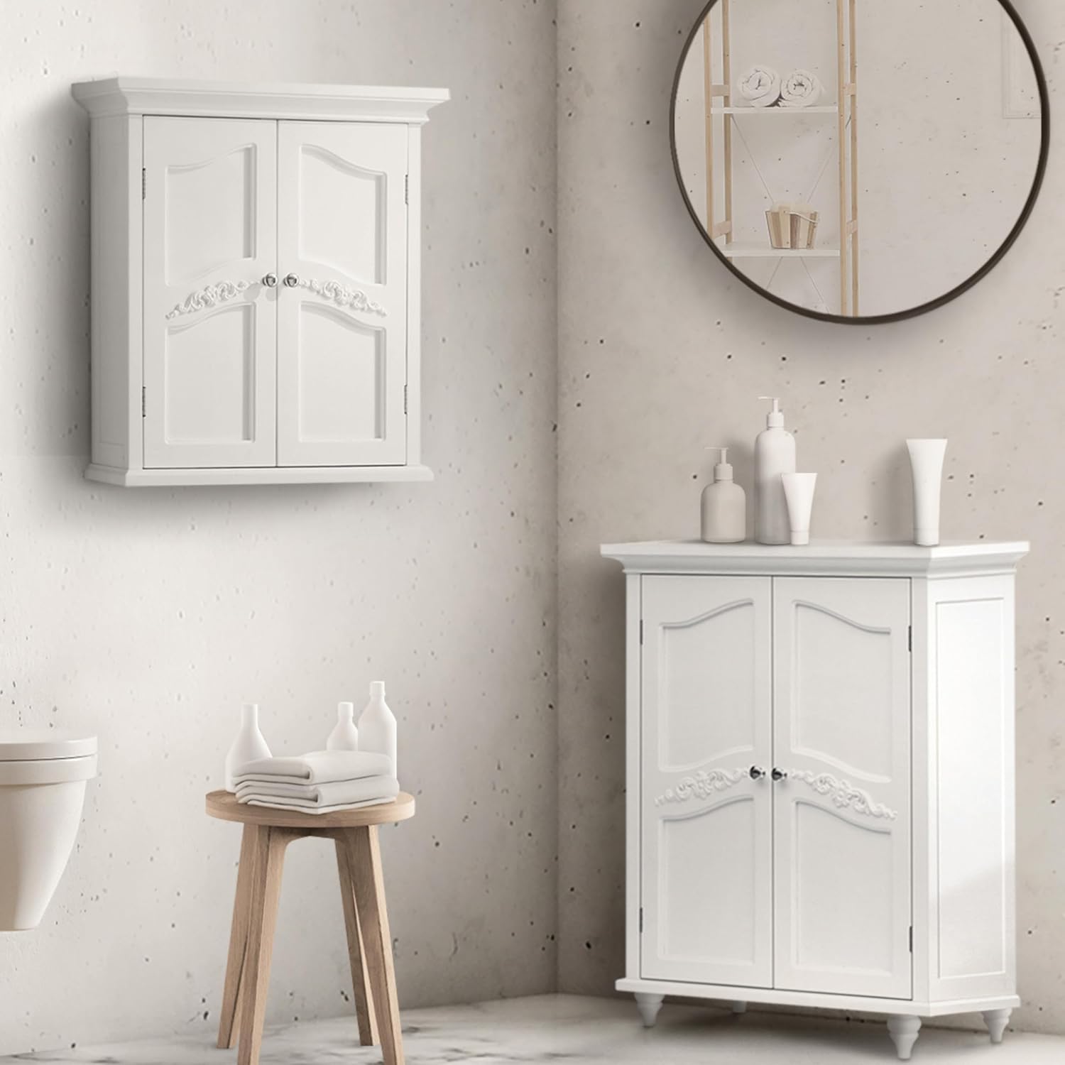 Teamson Home Versailles Wooden Freestanding Floor Storage Cabinet with 2 Adjustable Interior Shelves 3 Storage Spaces and 2 Floral Scroll Doors, White