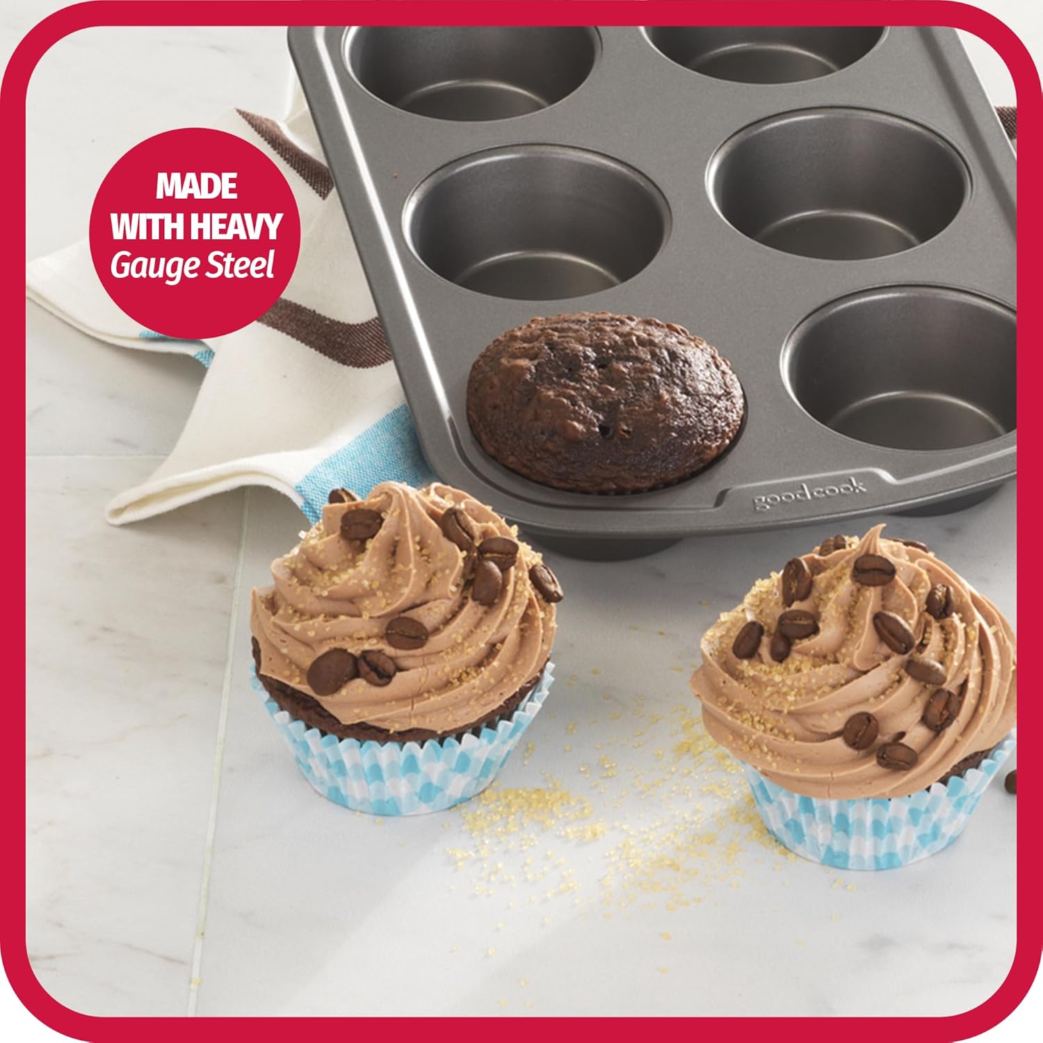 GoodCook Everyday Muffin Pan Nonstick Warp-Resistant Carbon Steel Construction, 6-Cup, Gray