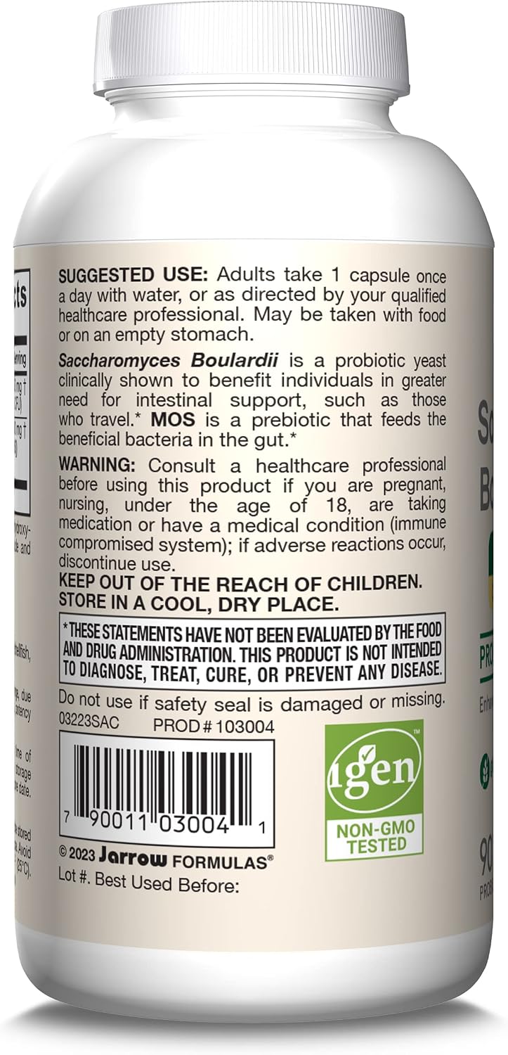 Jarrow Formulas Saccharomyces Boulardii + MOS Probiotics for Digestive Health and Intestinal Tract Support - 5 Billion CFU Per Serving - 90 Delayed Release Caps - Probiotic + Prebiotic - 90 Servings | Intestinal Tract Support, 5 Billion CFU Per Serving,…