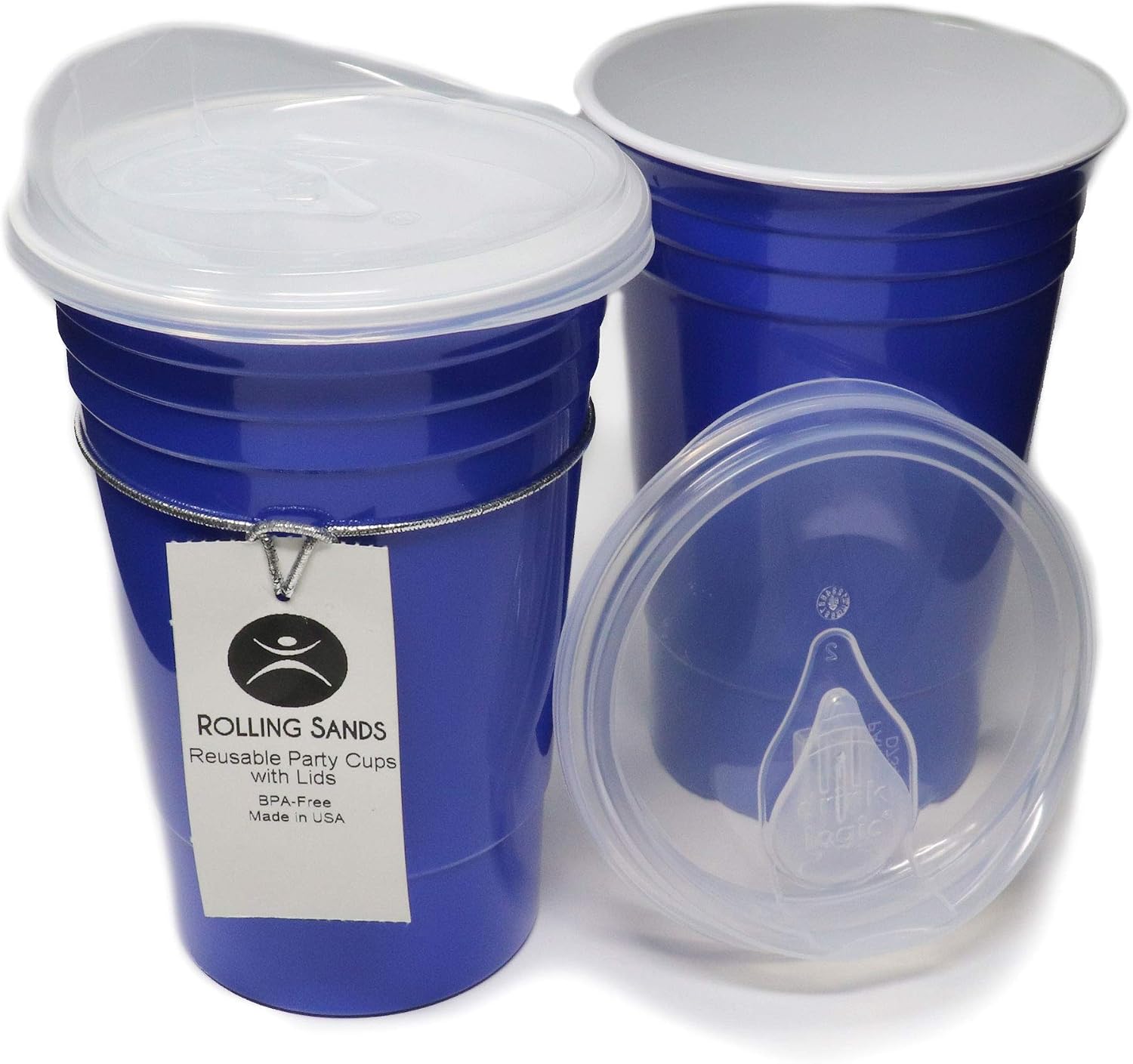 Rolling Sands Reusable BPA-Free 16 Ounce Blue Party Cups with Lids - 2 Pack, Made in USA
