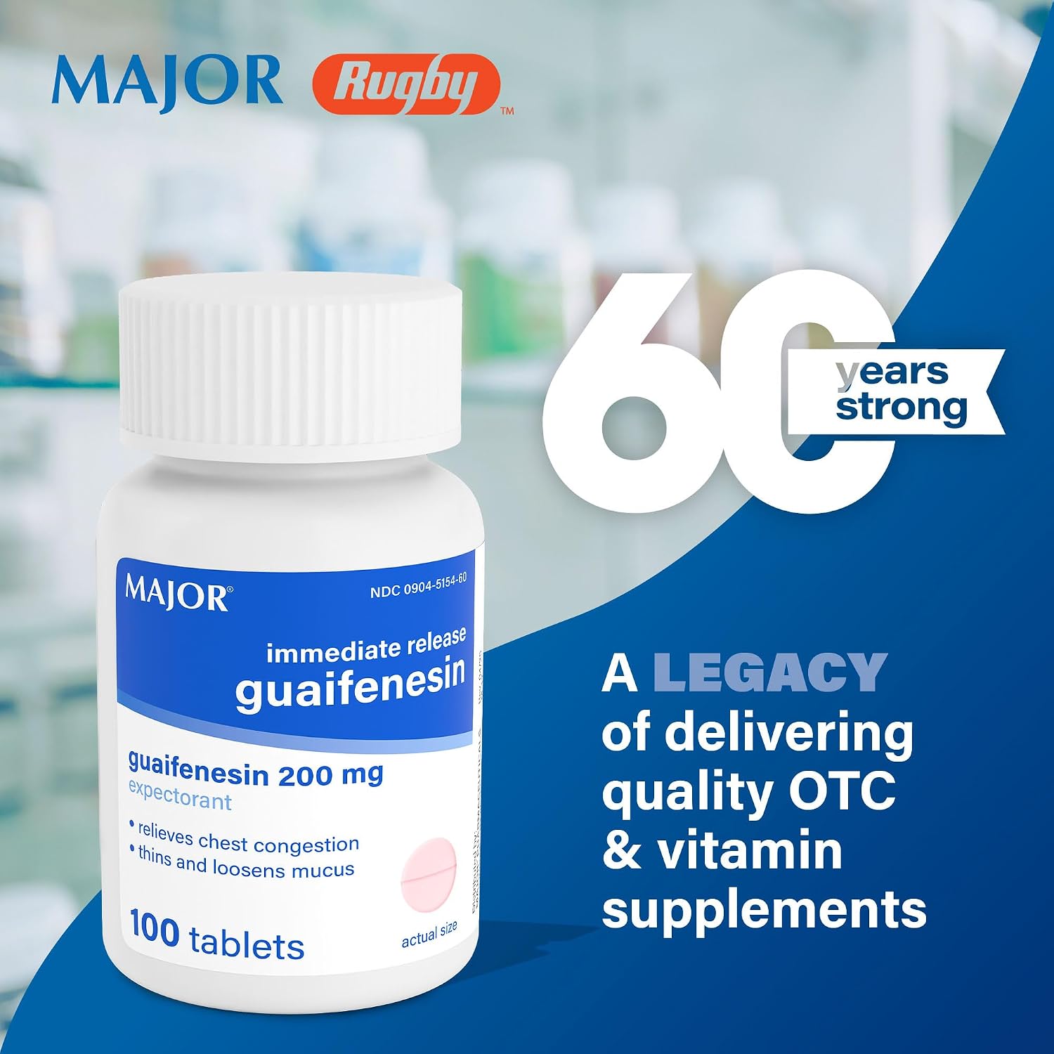 MAJOR Immediate Release Guaifenesin - Relieves Chest Congestion, Thins and Loosens Mucus - 200 mg - 100 Tablets (1 Pack)