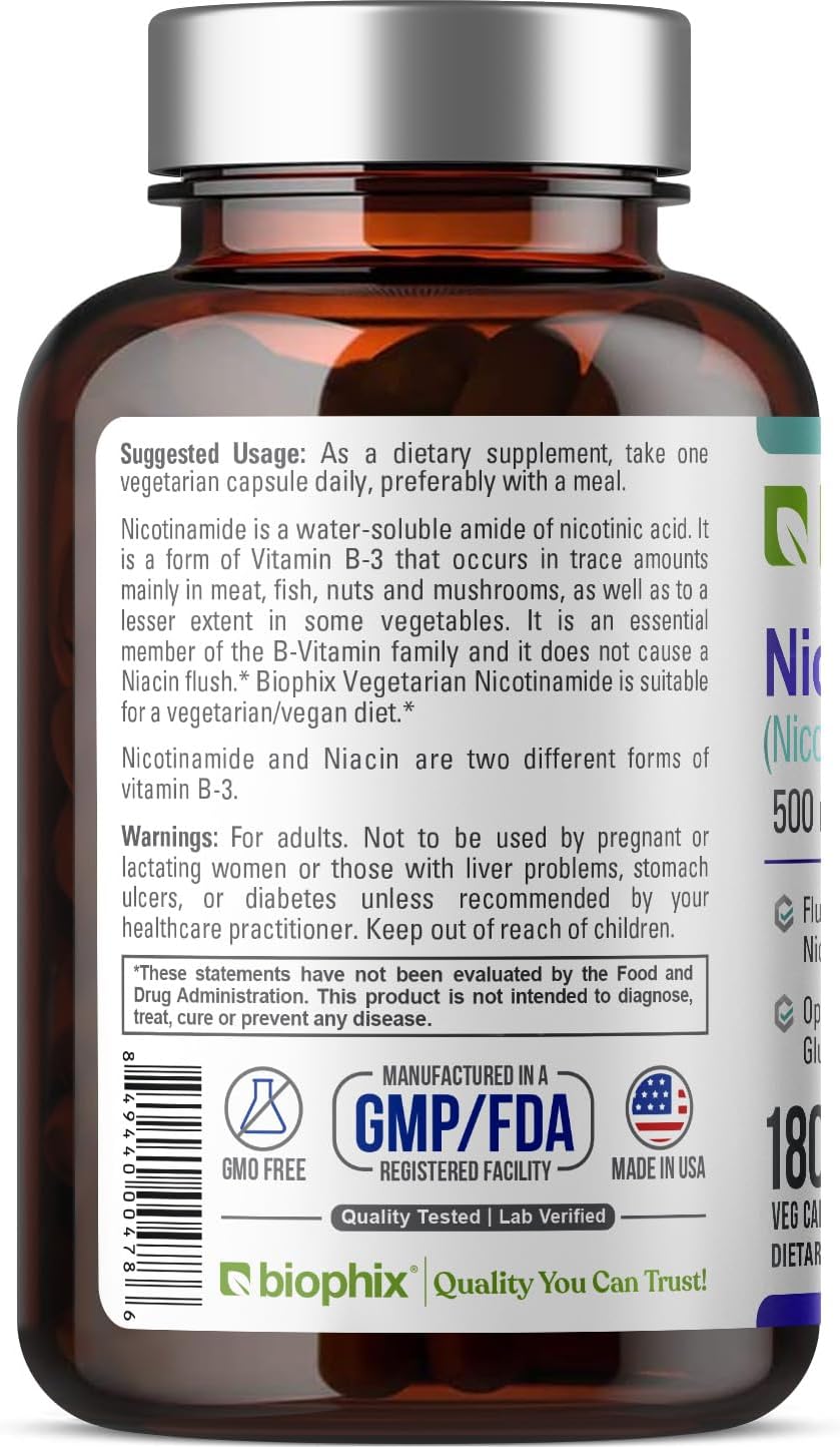 biophix B-3 Nicotinamide 500 mg 180 Vcaps - Nicotinic Amide Niacin Natural Flush-Free Vitamin Formula - Supports Skin Cell Health