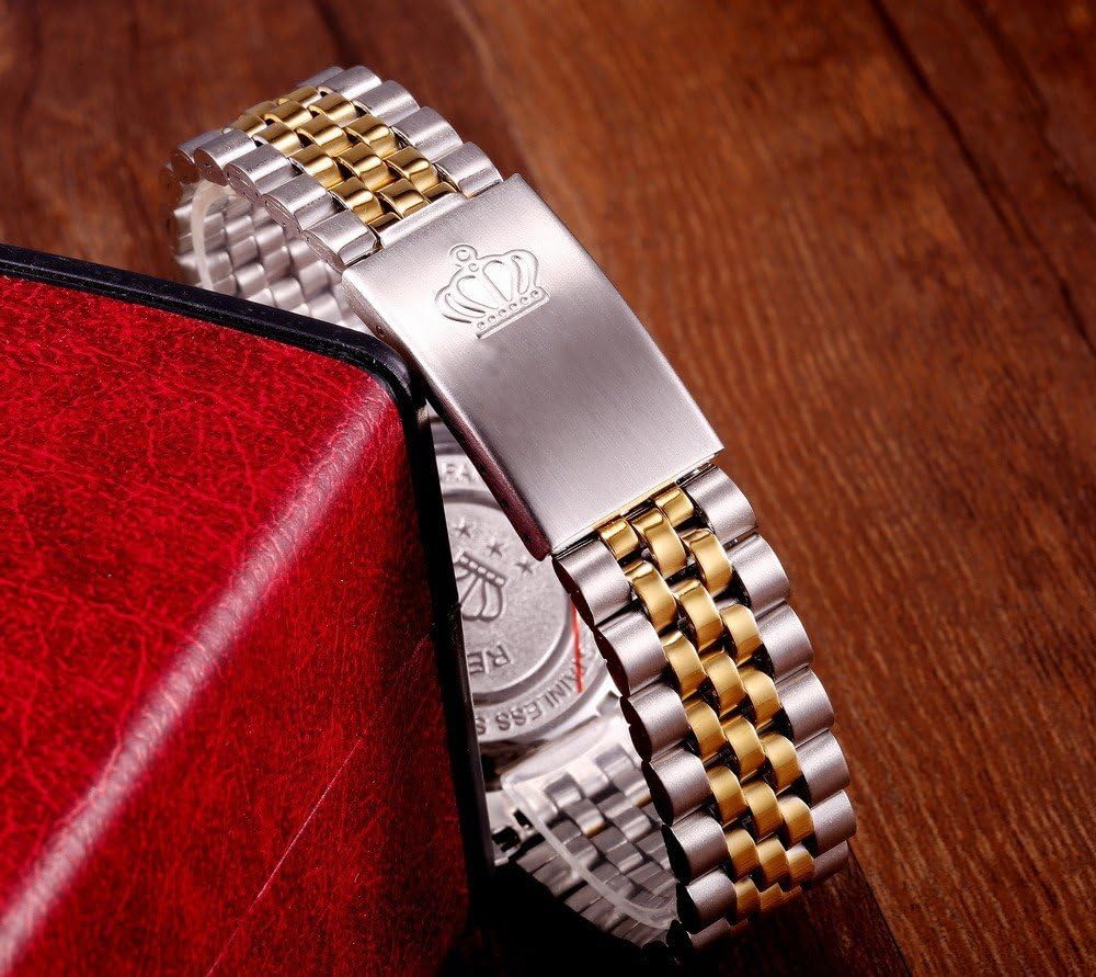 FANMIS Luxury Unisex Gold Crystal Quartz Calendar Gold Silver Two Tone Stainless Steel Watch