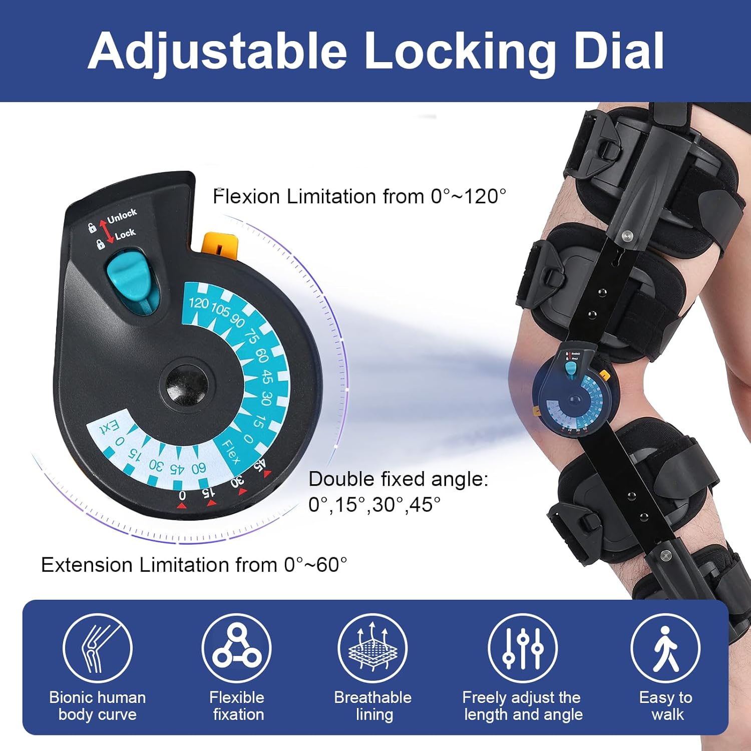 Hinged ROM Knee Brace with Adjustable Locking Dial 0°-120° | Post Surgery Knee Immobilizer & Stabilizer for ACL