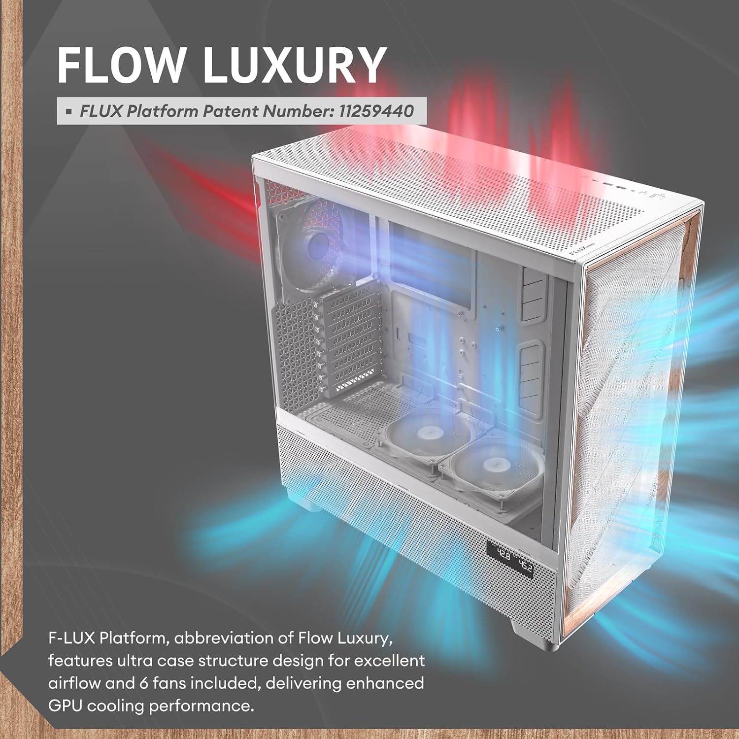 Antec Flux Pro Full-Tower E-ATX PC Case, 6 PWM Fans Included, Black | 6 PWM Fans, Walnut Wood Front Panel, High-Airflow, 90° Rotated PSU Mount, 420mm Radiator Support, CPU & GPU Temp Display