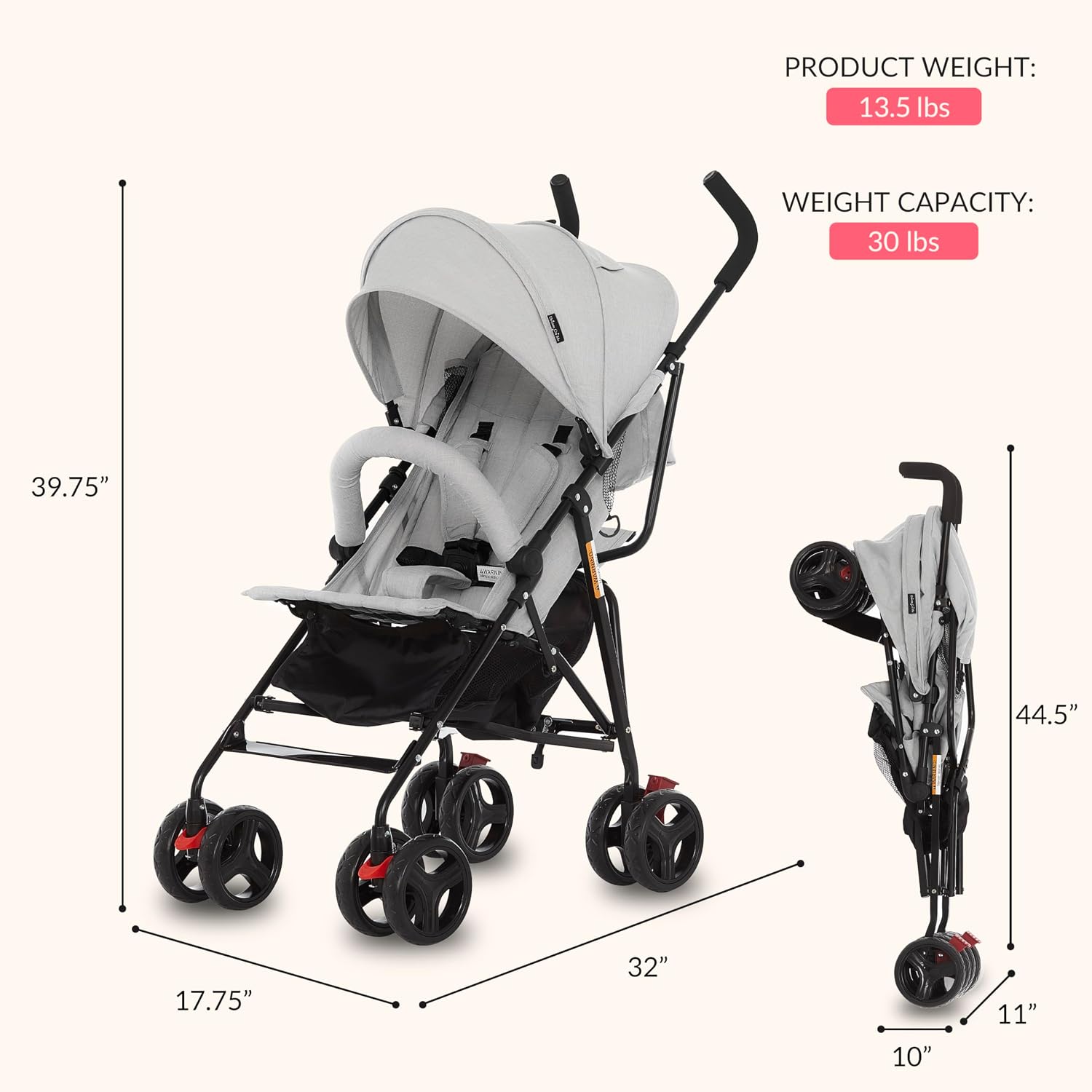Dream On Me Vista Moonwalk Baby Stroller in Light Gray, Lightweight Infant Stroller with Compact Fold