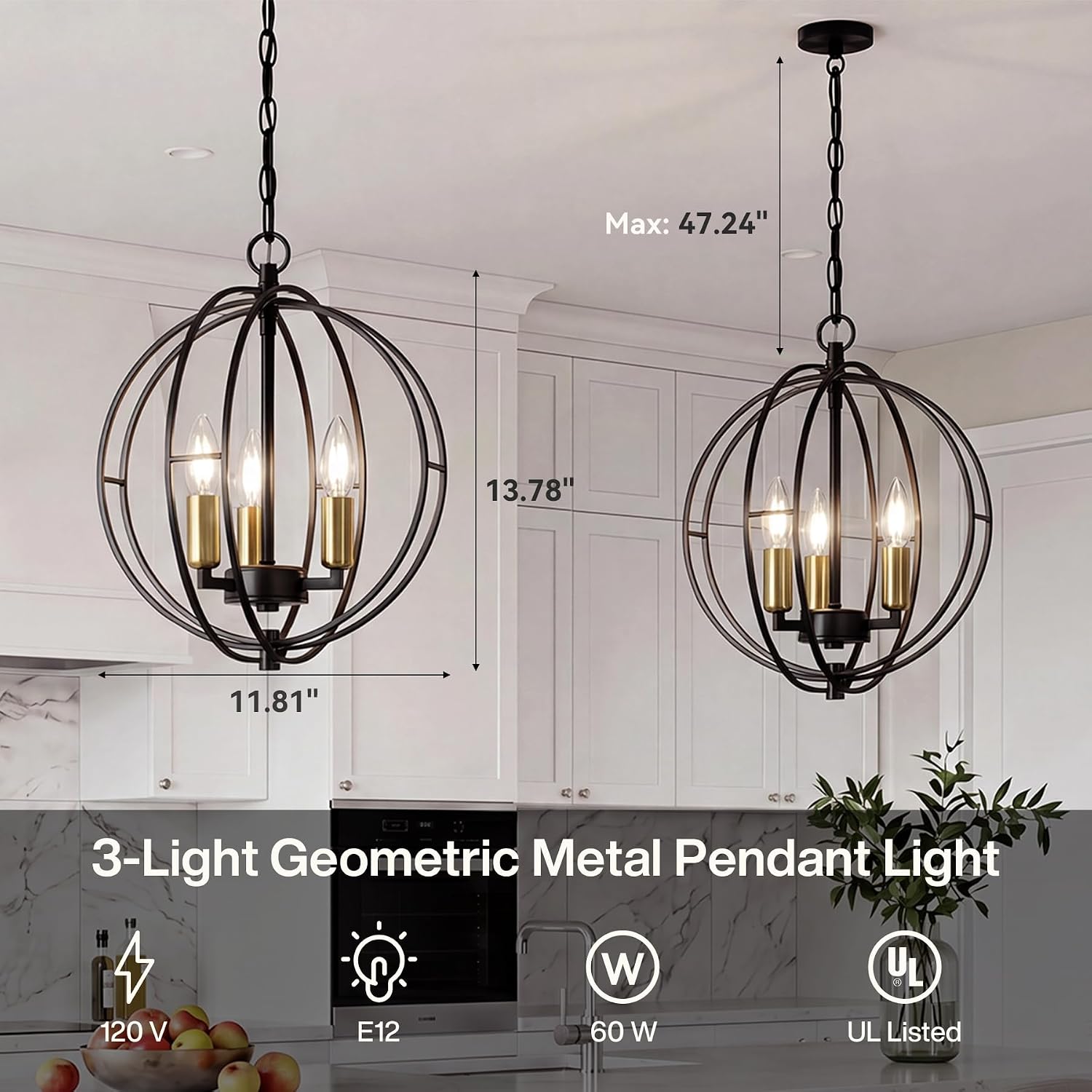 3-Light Farmhouse Chandelier, Black Industrial Metal Globe Pendant Light | Adjustable Hanging Height, for Kitchen Island, Dining Room, Foyer, Entryway