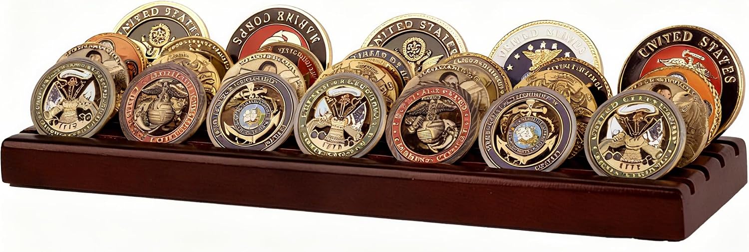 DisplayGifts Challenge Coin Display Stand 4 Row Wooden Holder Rack Case Holds 28 Coins Walnut Finish