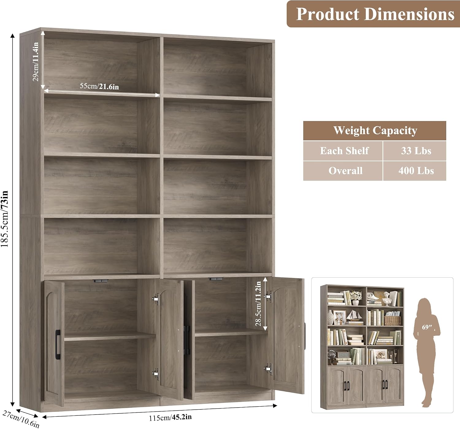 Bookshelf and Bookcase with Doors, Double Wide Large Bookshelves | Industrial Open Display Shelves 6 Tier, 73'' Tall Bookshelf with Storage Cabinets for Office,Home, Living Room, Library,White