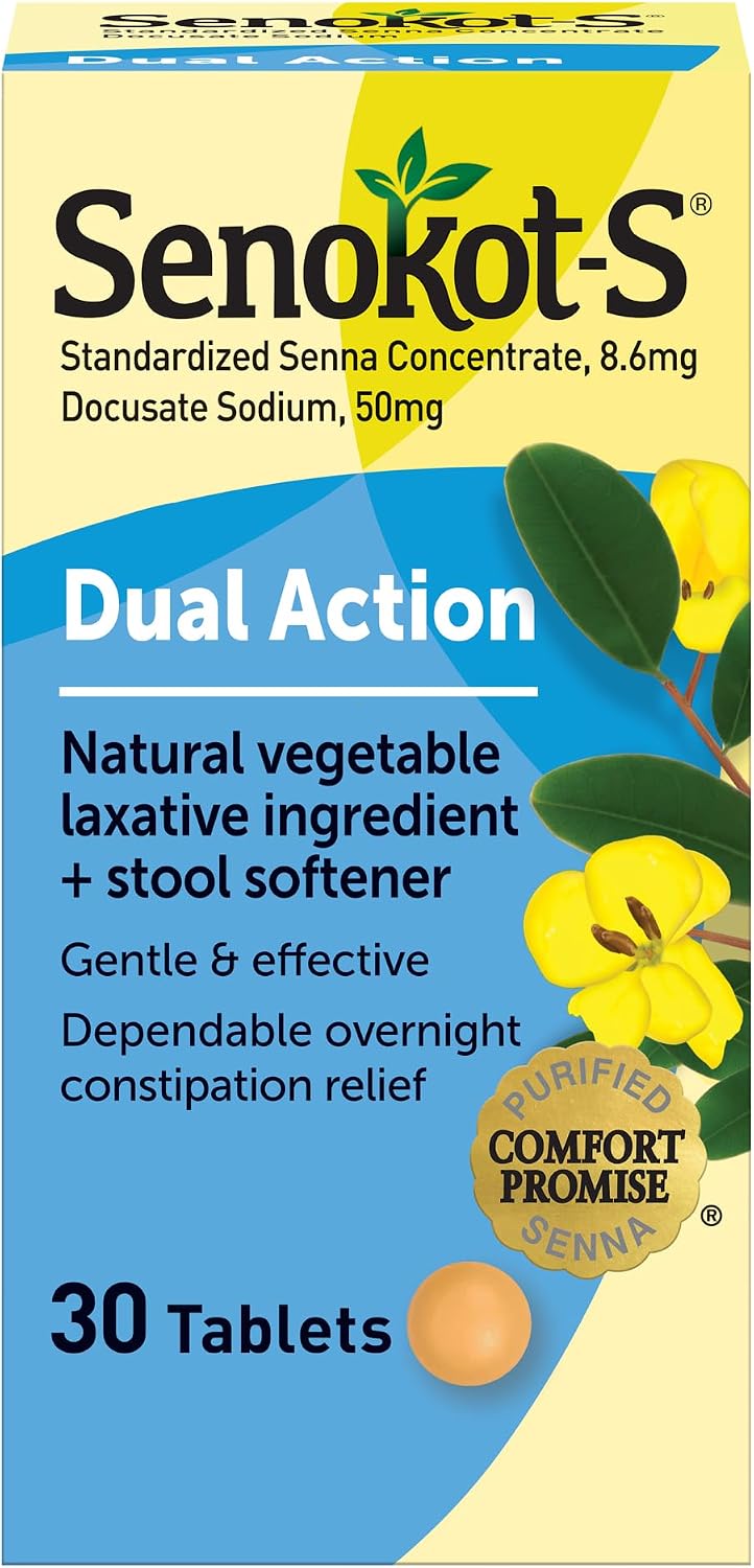 Senokot-S Dual Action 60 Tablets, Natural Vegetable Laxative Ingredient Plus Stool Softener Tablets, Gentle Dependable Overnight Relief of Occasional constipation White