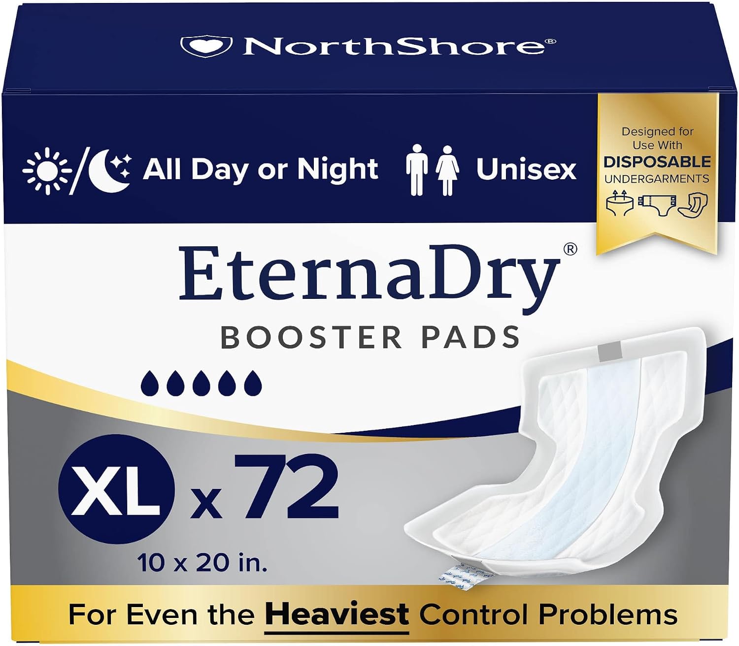 NorthShore EternaDry Booster Pads with Adhesive, Large, 30 Count | Diaper Doublers for Men and Women, Extended Leak Protection, Overnight Heavy Bladder Leaks, Minimize Changes, 6x16 in.