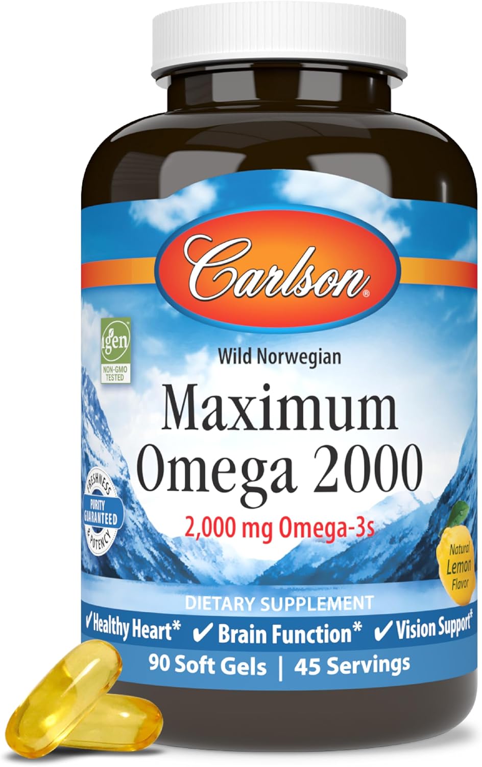 Carlson Maximum Omega 2000, 2000 mg, Wild-Caught, Lemon, 60 Softgels | Omega-3 Fatty Acids Including EPA and DHA; Norwegian Fish Oil Supplement; Sustainably Sourced Fish Oil Capsules